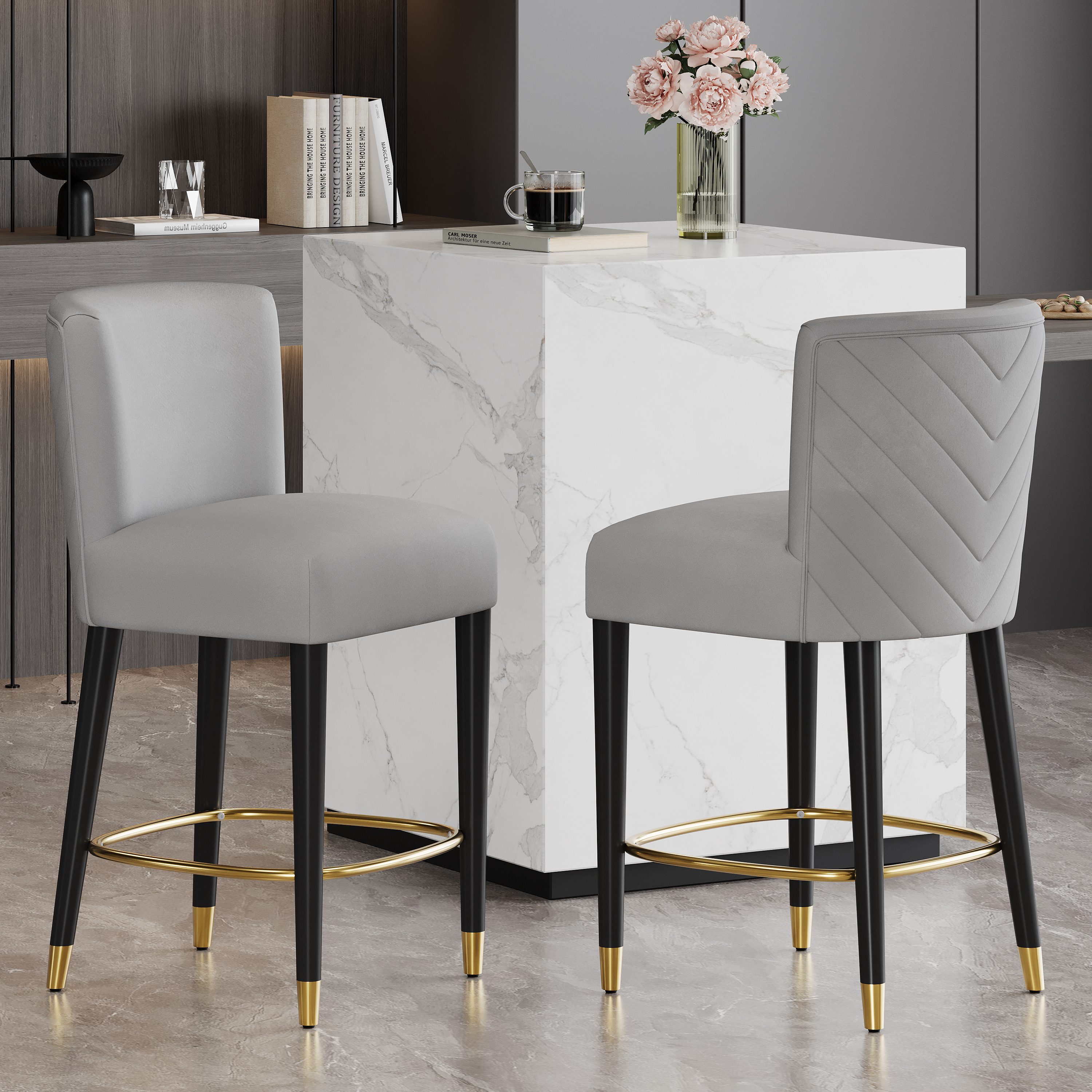 Tabouret 27 po design tissus gris repose-pieds or