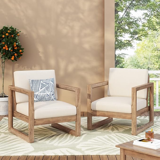 2 Chaises patio bois acacia coussin épais beige