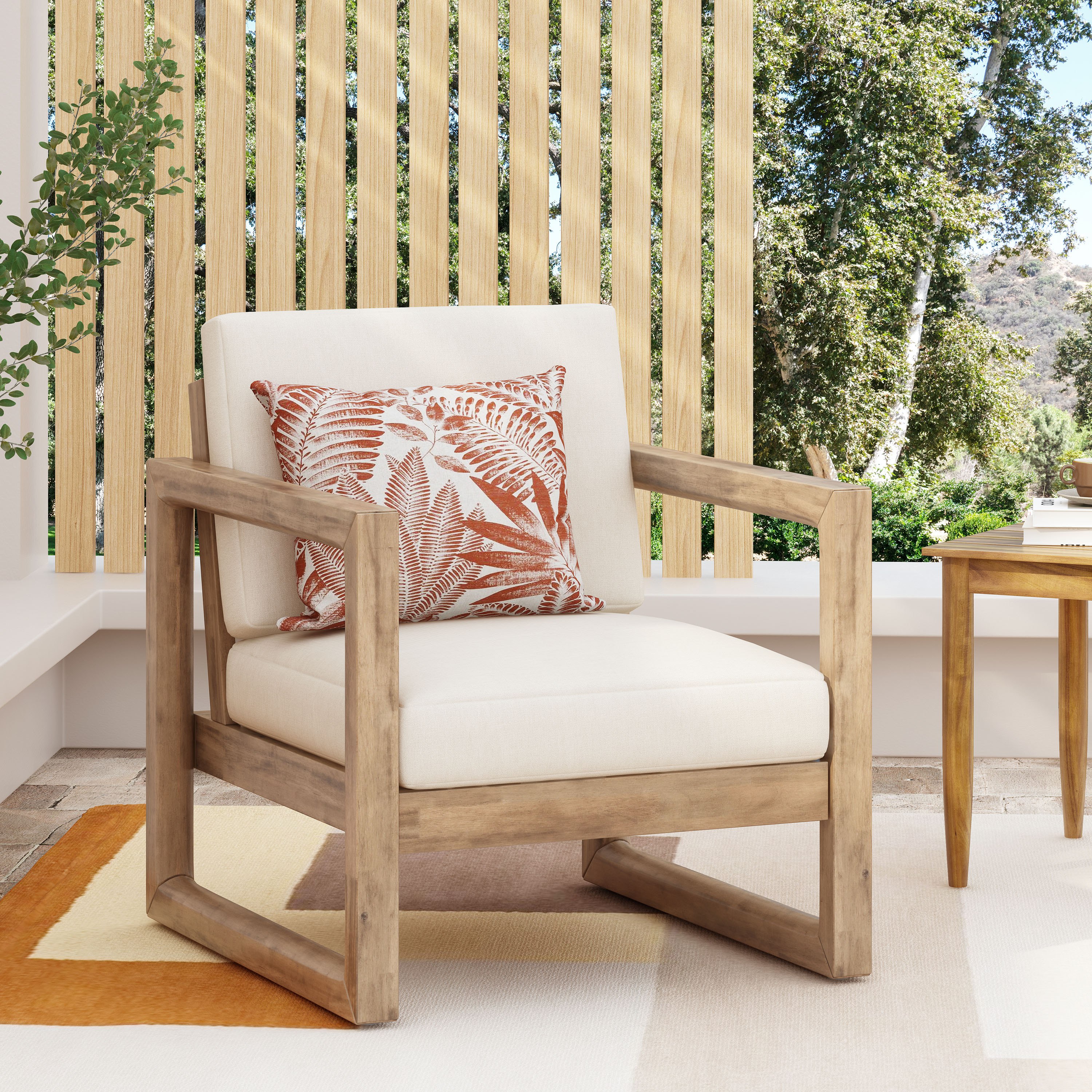 Chaise club acacia patio, coussin épais imperméable, beige