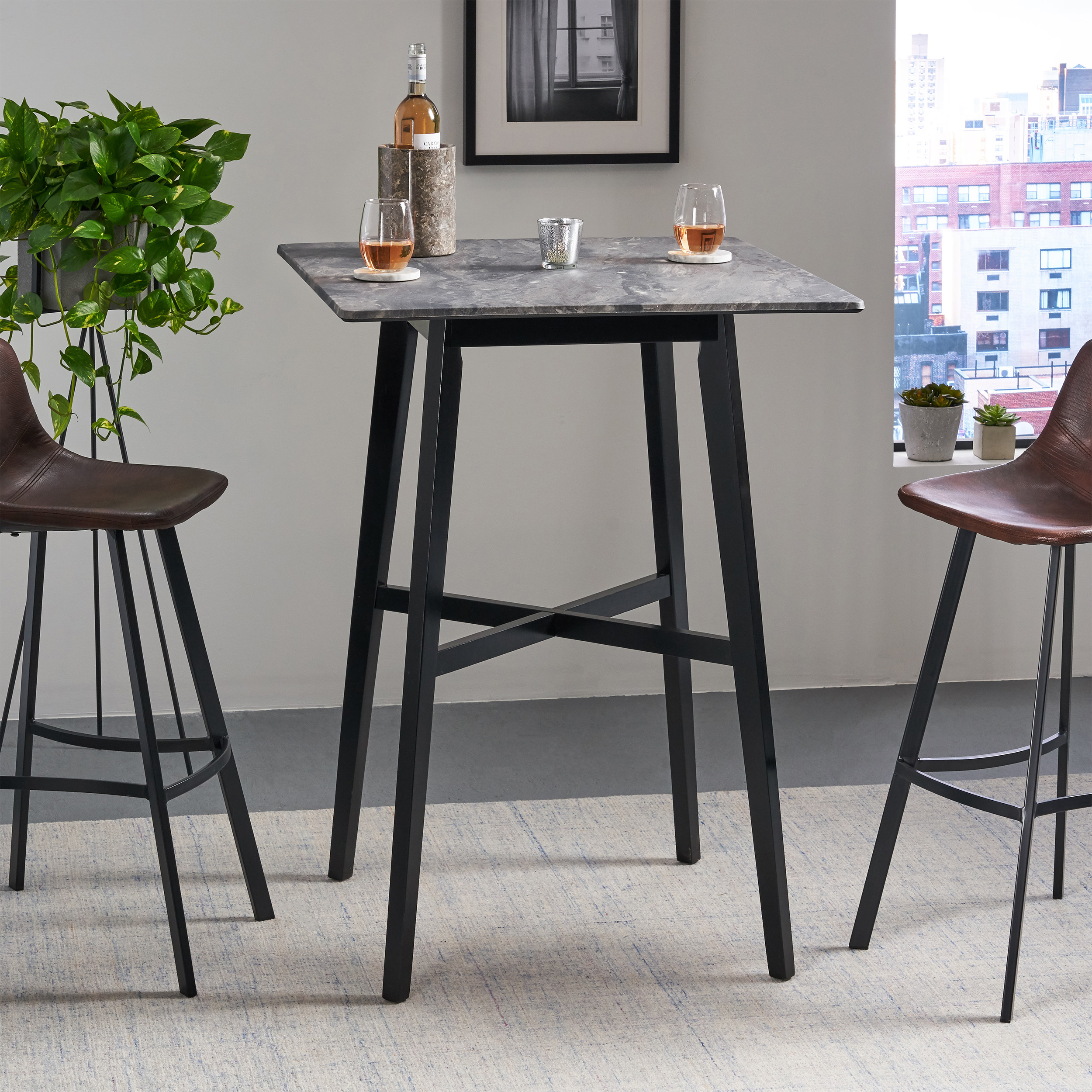 Table Salle à Manger Hauteur Bar 42 Rubberwood Fini Marbre Paladina
