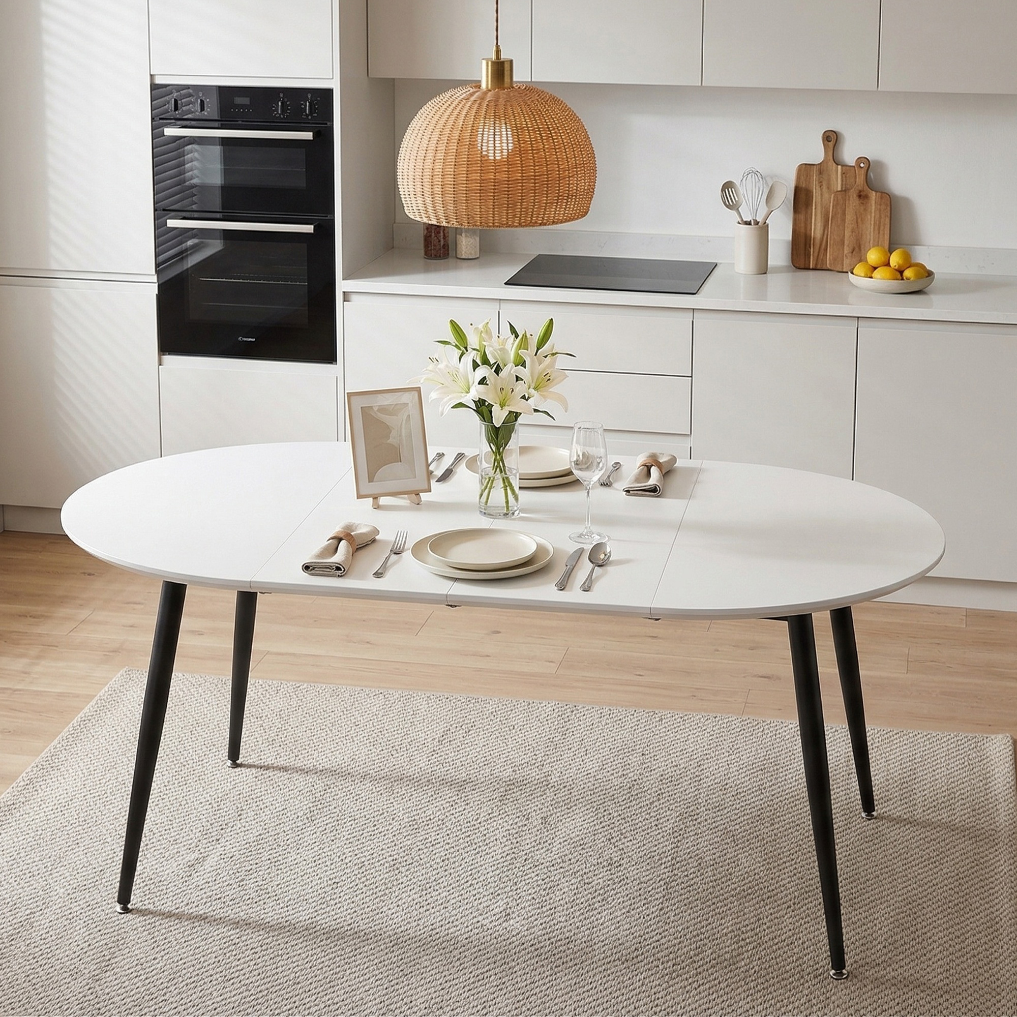 Table télescopique MDF blanc - Pieds métal noir, surface lisse