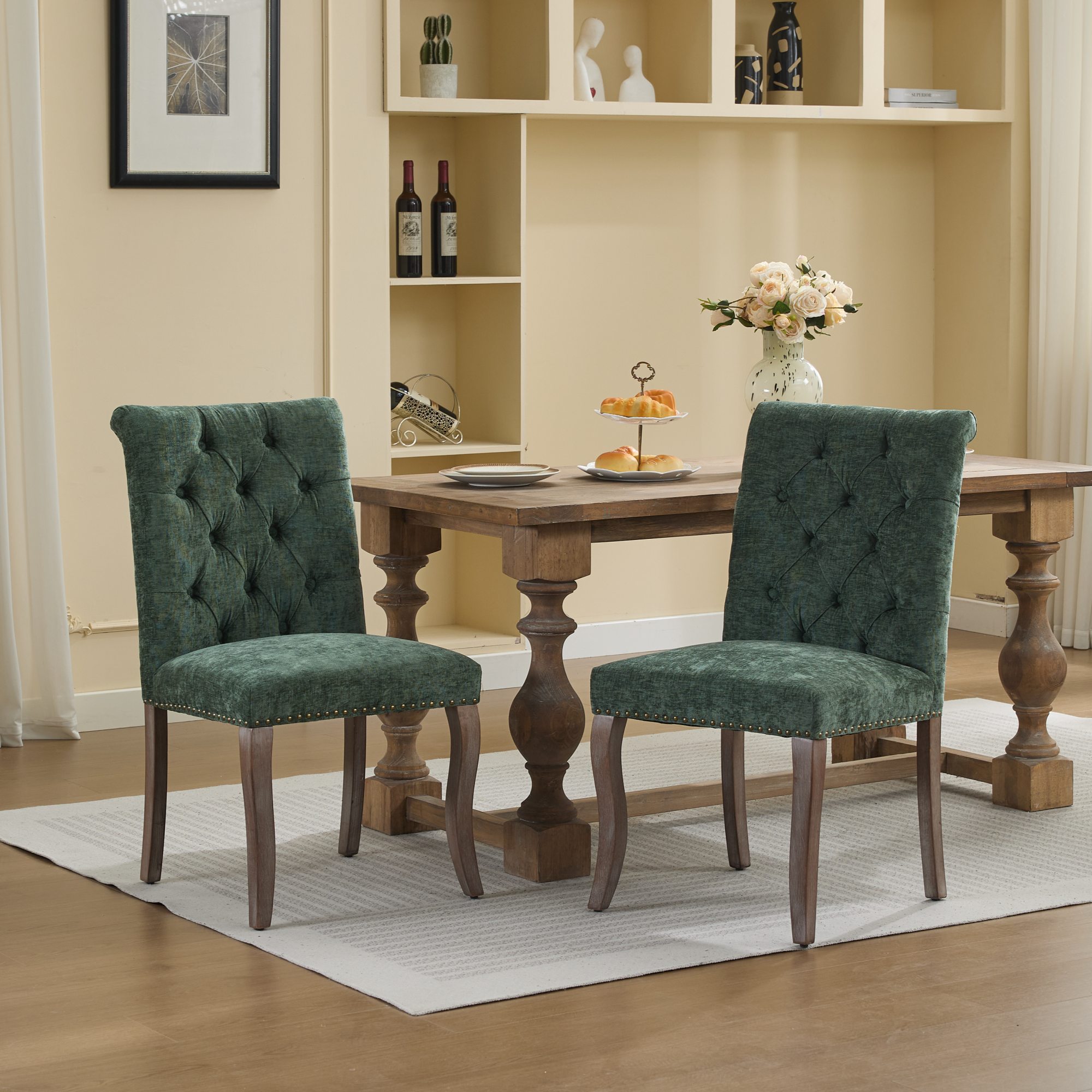 Chaise salle manger chenille vert olive, boutons, 2 pcs
