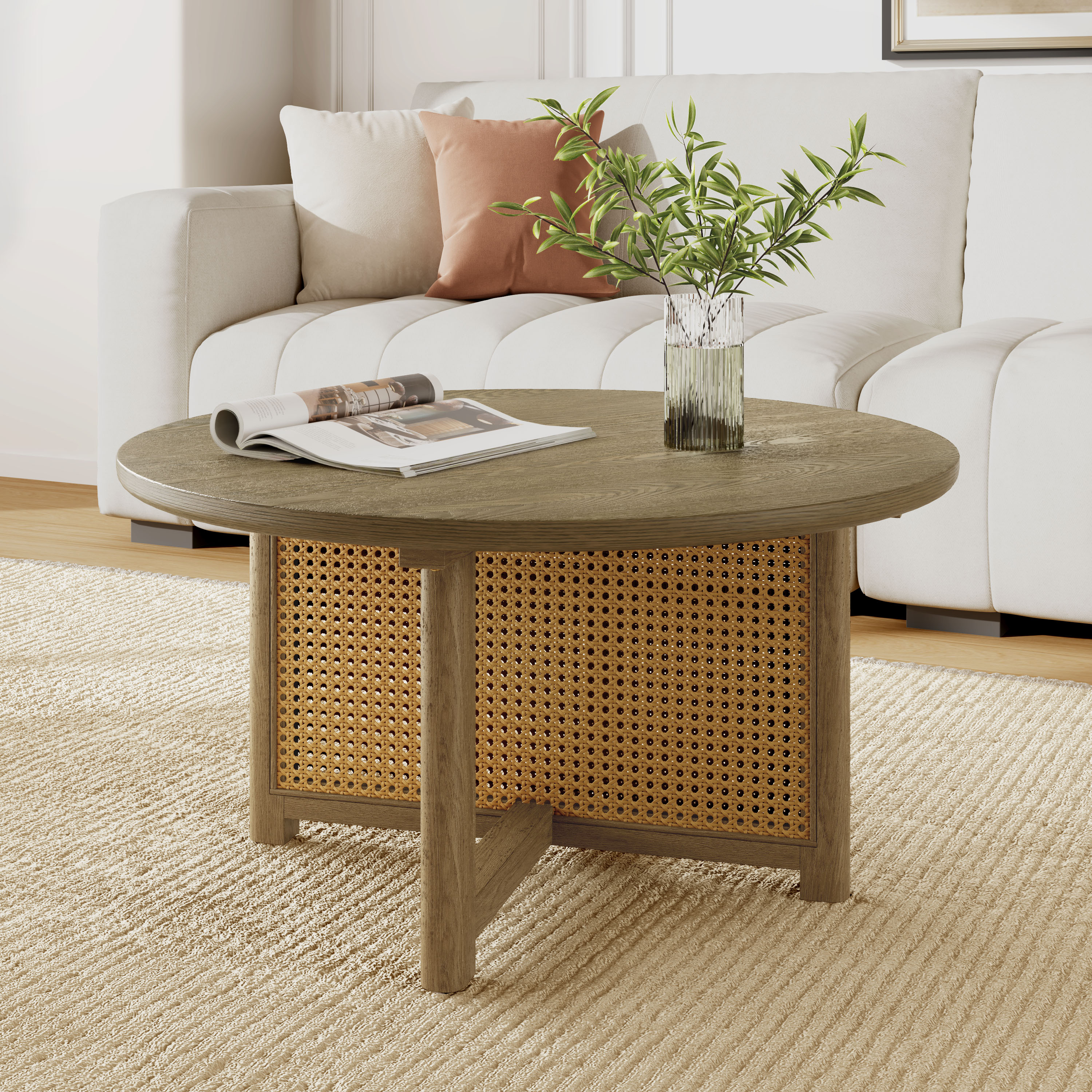 Table basse ronde en rotin 32 po - Bois tissé
