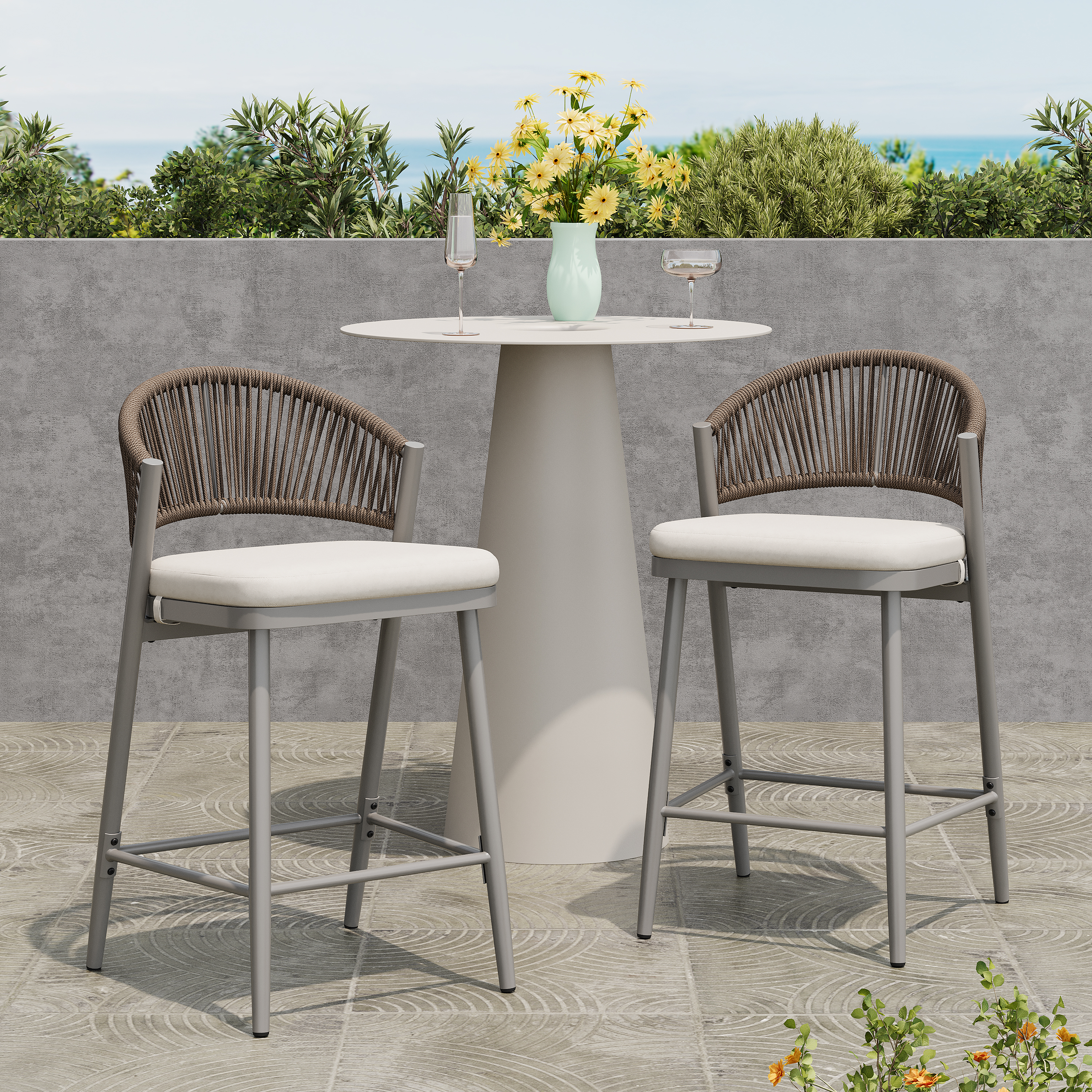 Tabourets comptoir extérieur 26" rotin PE, gris, ensemble de 2
