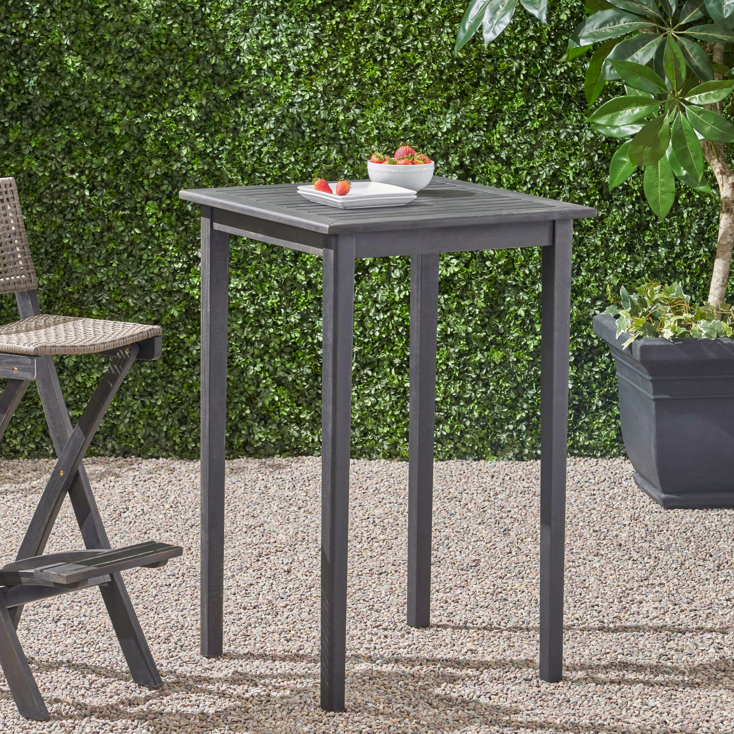 Table bar carré bois acacia gris foncé extérieur