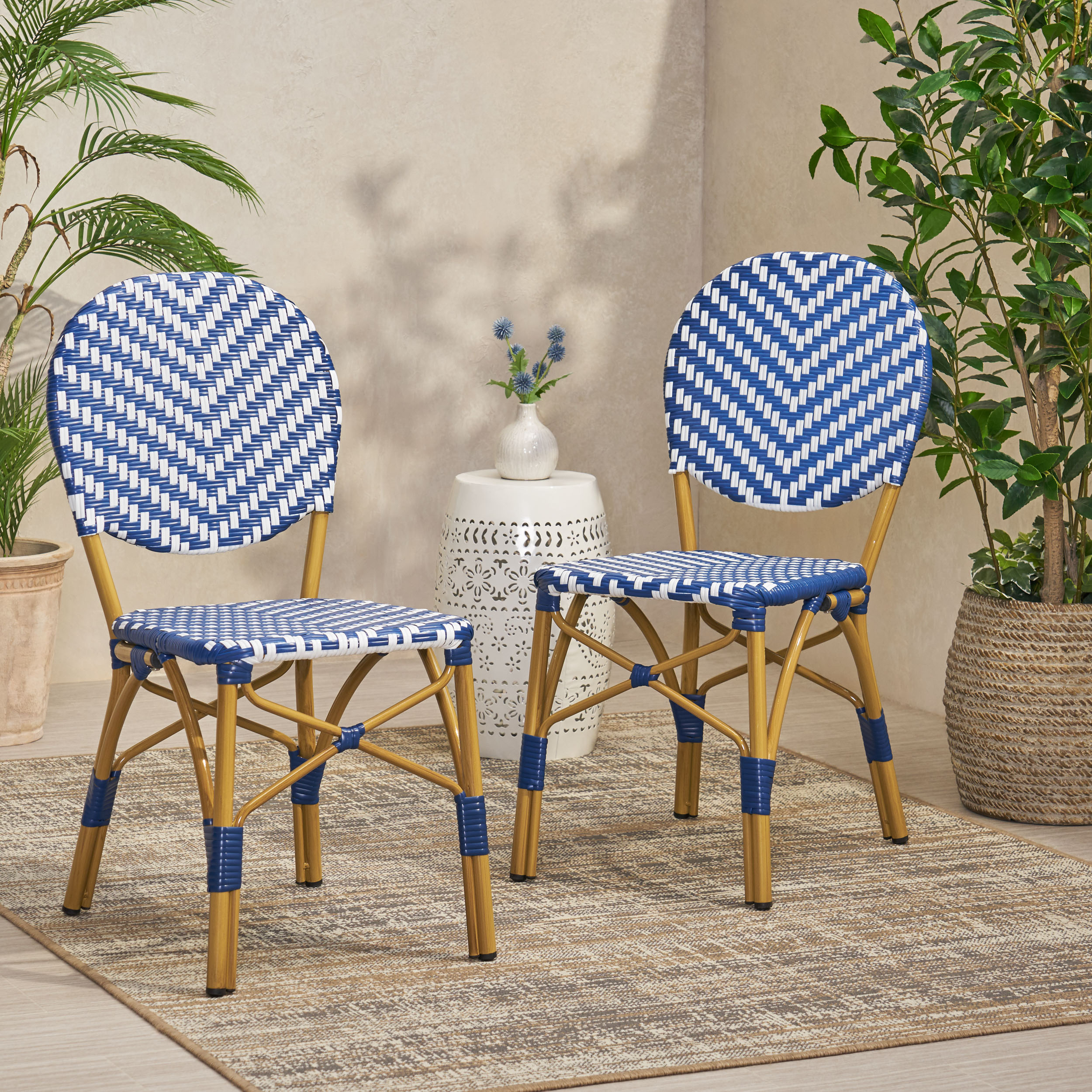 Ensemble 2 chaises bistro Osier PE/Alu, bleu marine