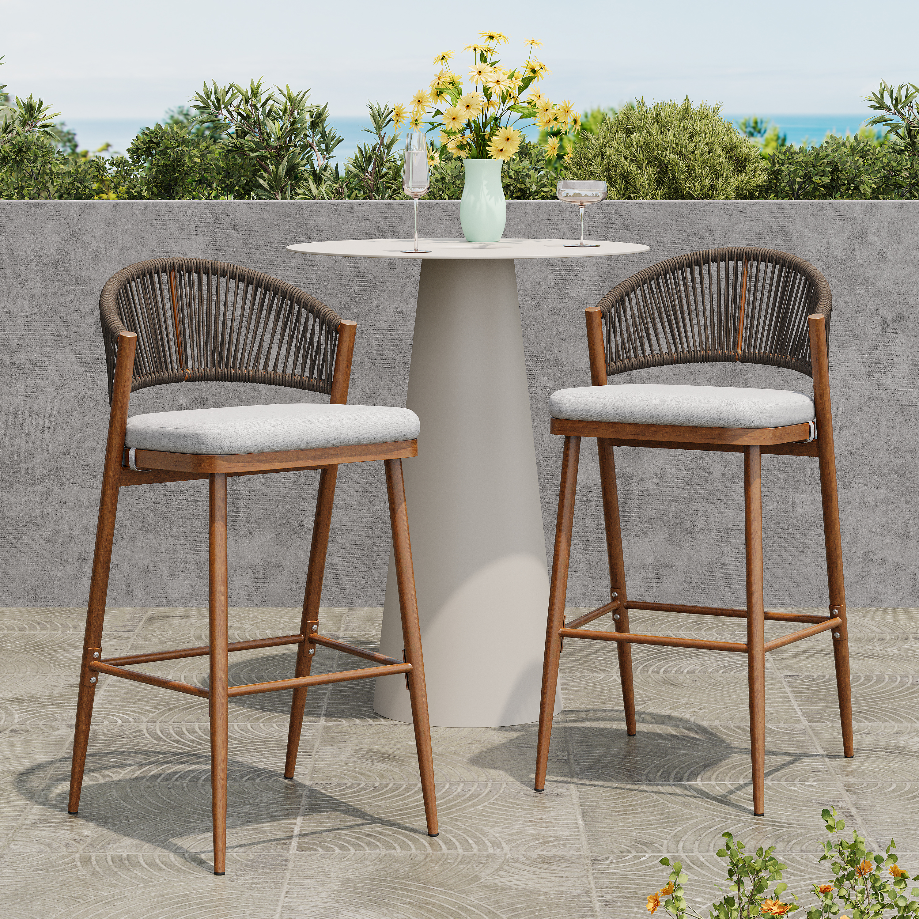 Tabourets bar aluminium 30,25po, rotin PE, teak, 2 pcs