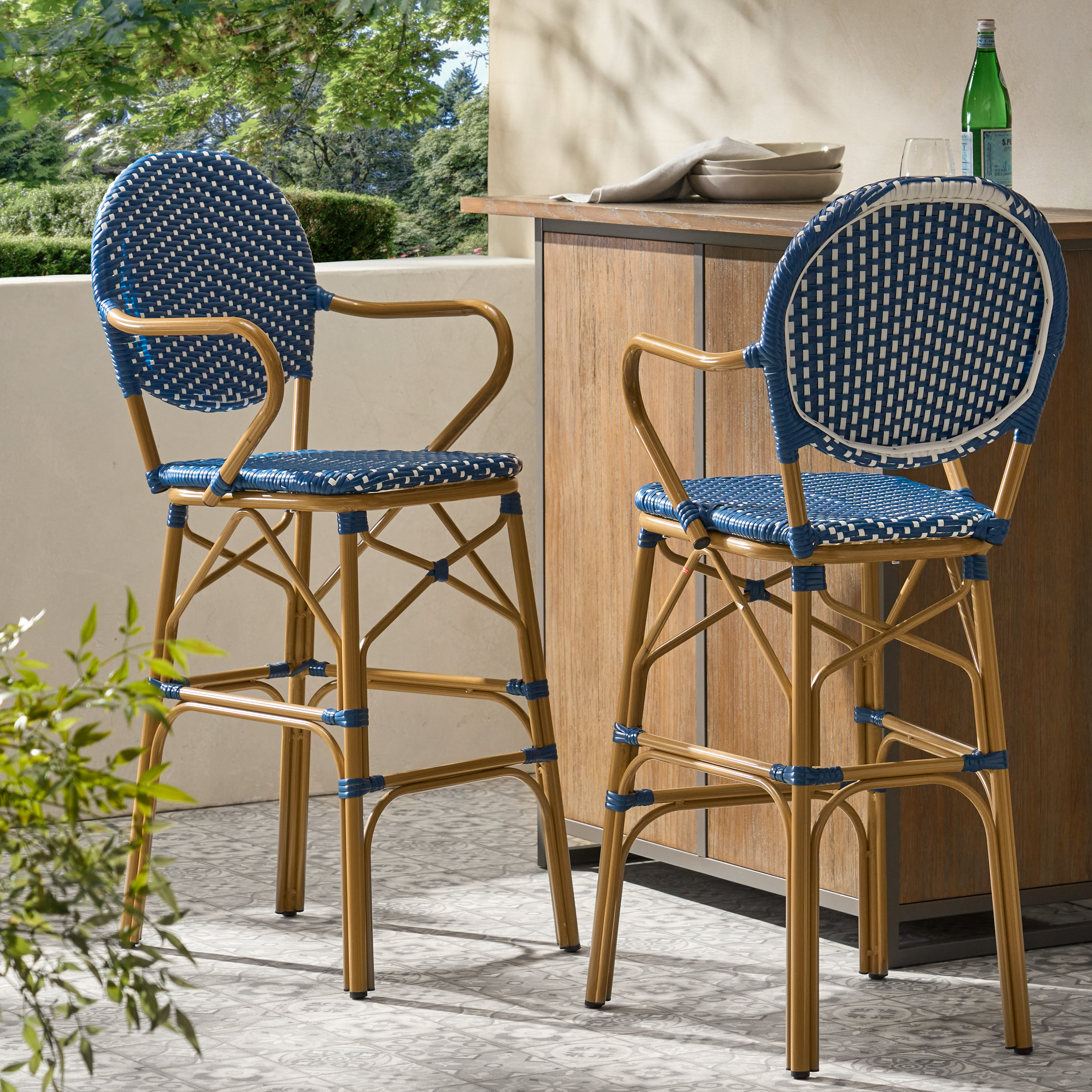 Tabourets bar français 29.5" osier aluminium bleu, ensemble de 2