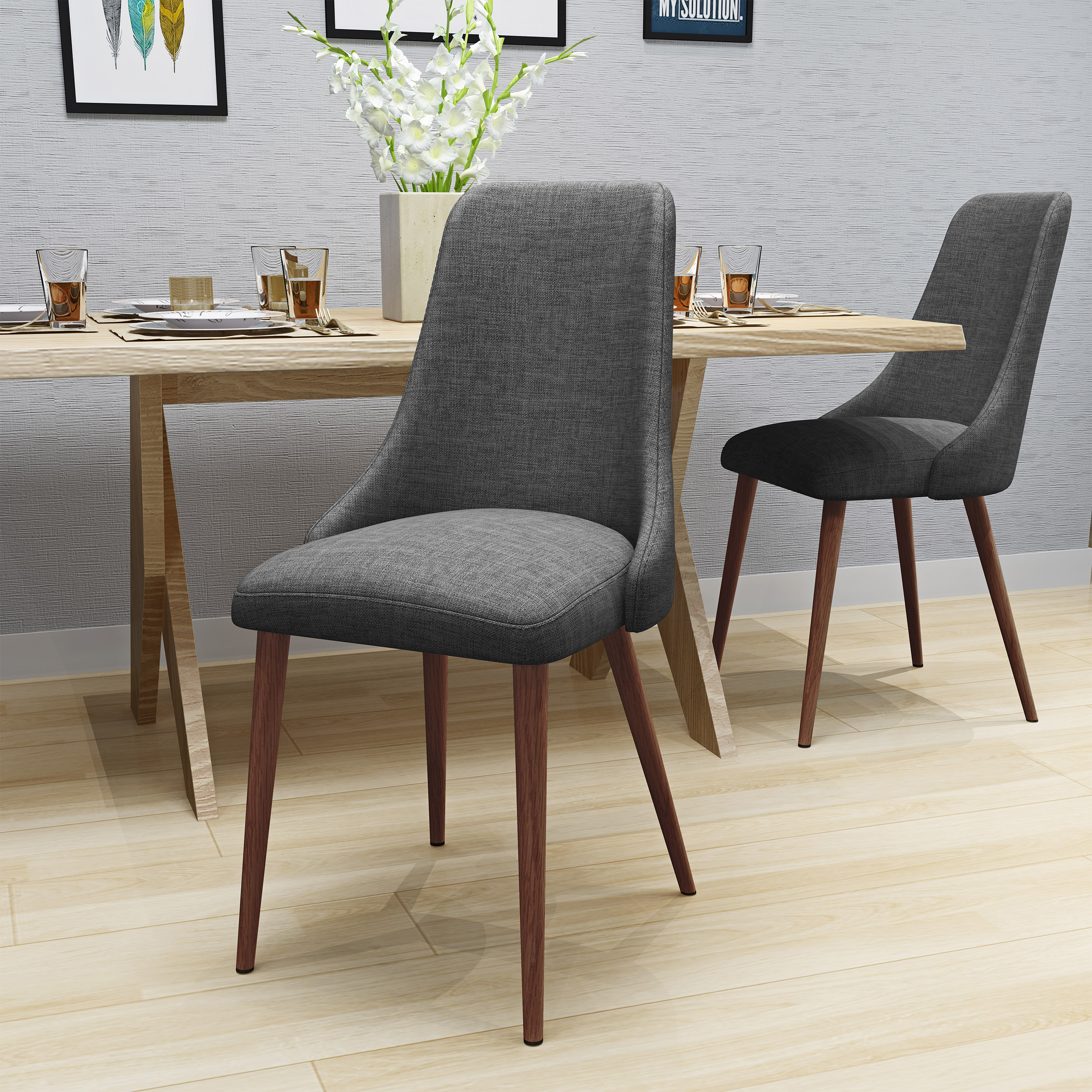 Chaises salle à manger tissu 2 unités, mid-century, gris clair