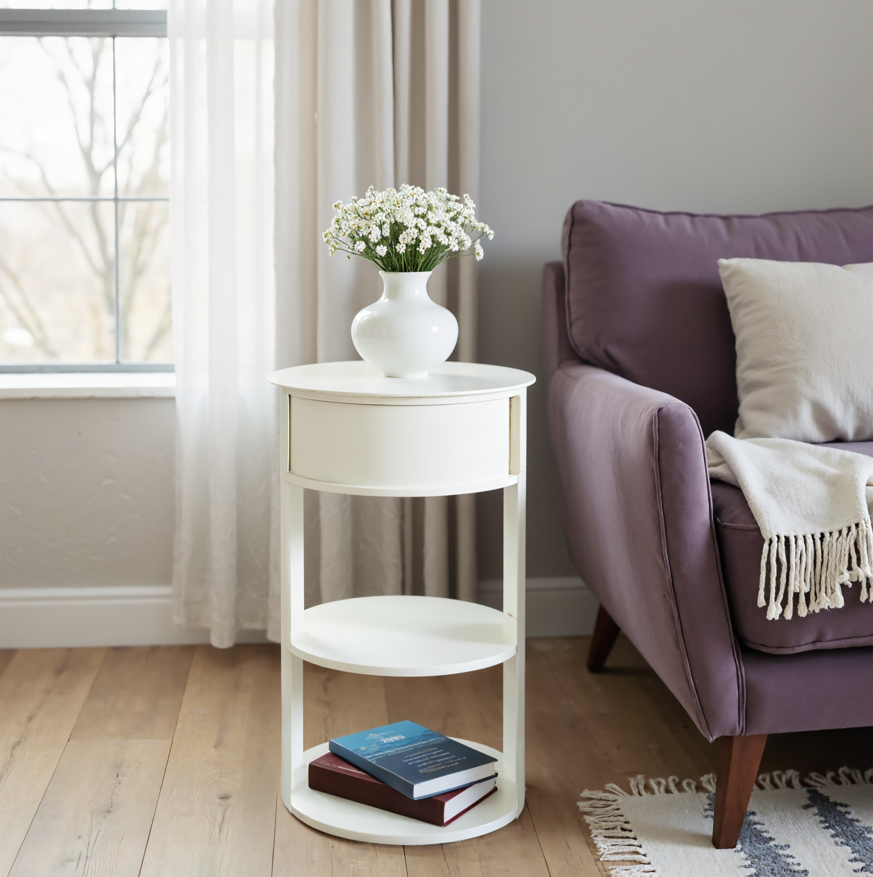 Table d'appoint 3 étages métal blanc porte coulissante