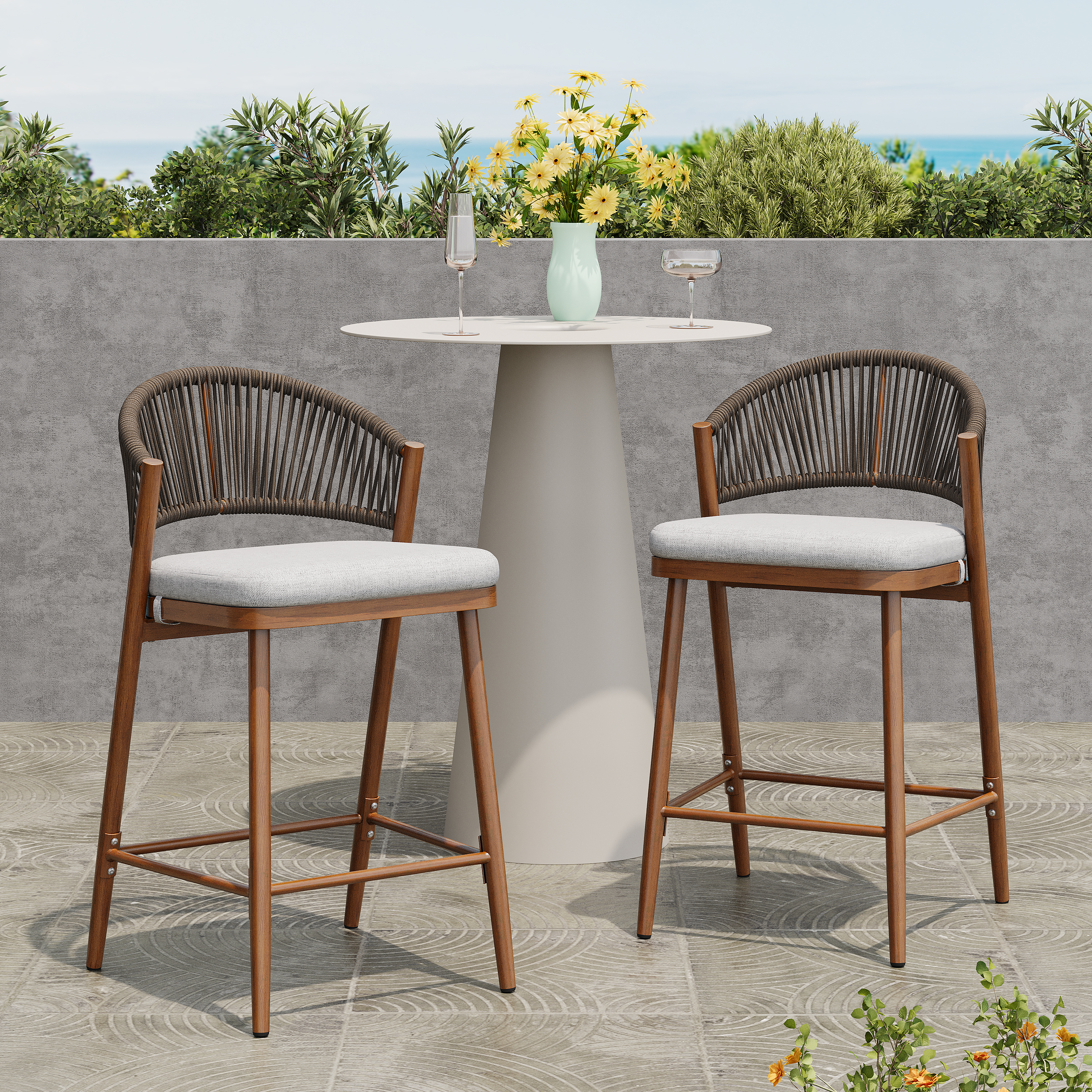 Tabourets comptoir aluminium 26po rotin PE dossier teck 2pc