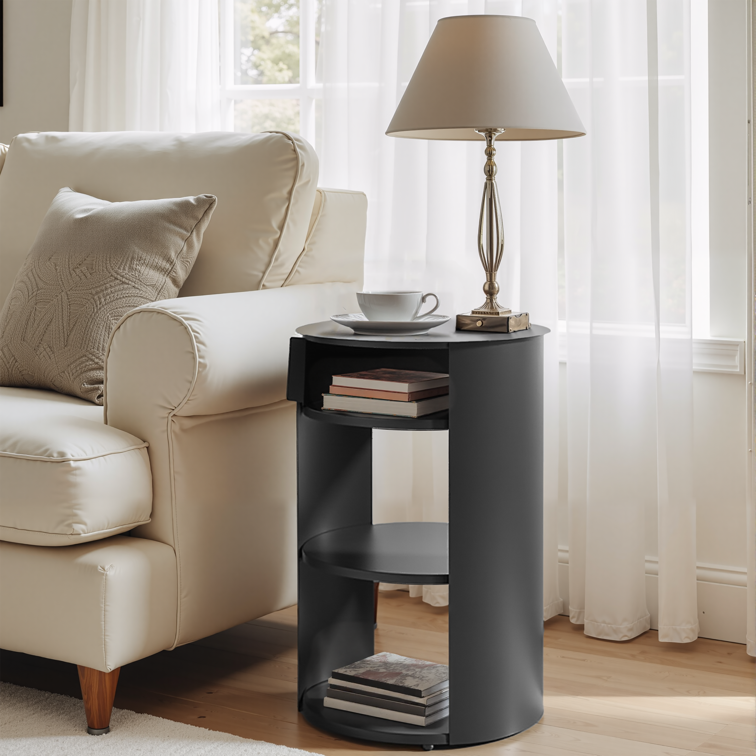 Table d'appoint 3 étages métal noir porte coulissante