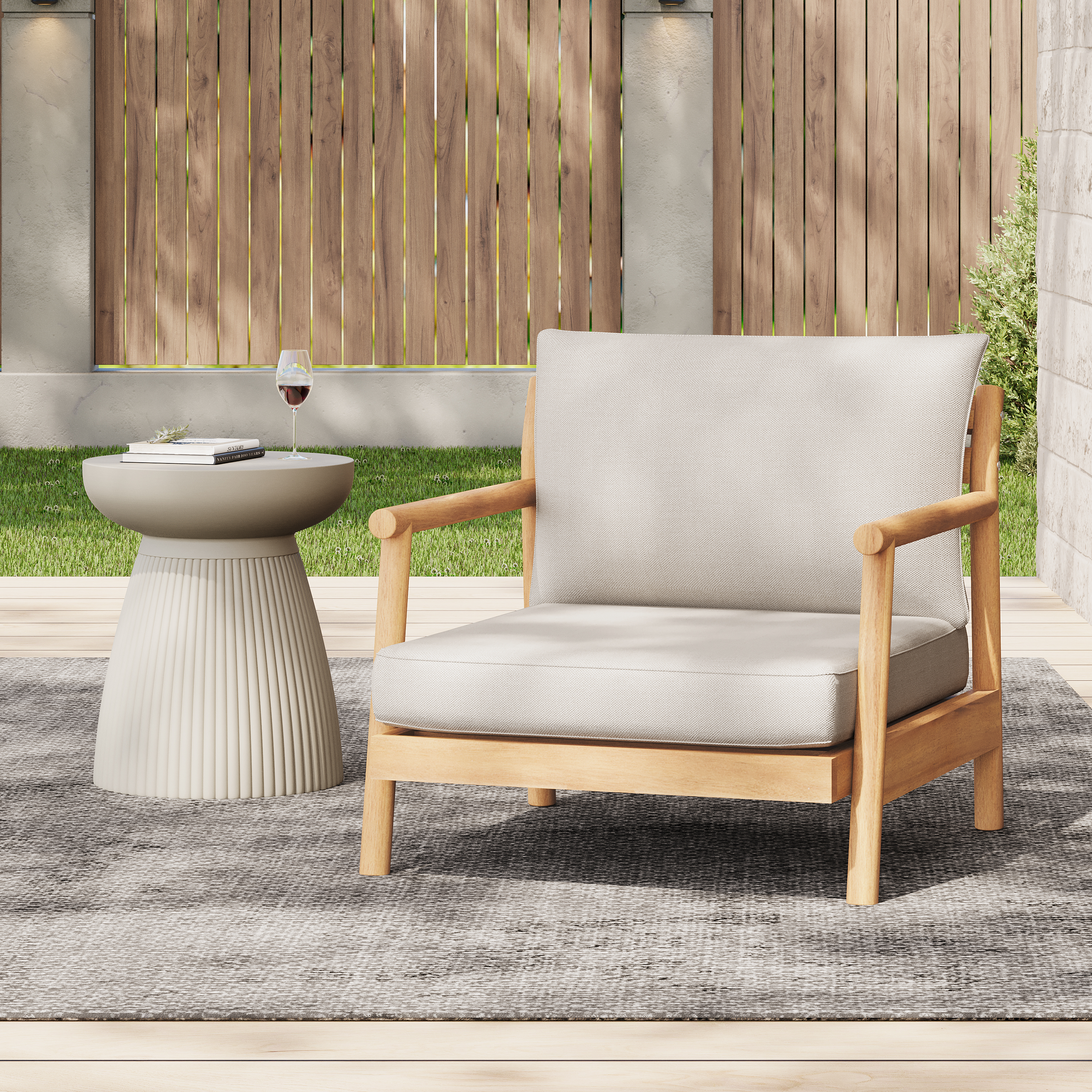 Fauteuil club acacia extérieur, coussin, teck beige