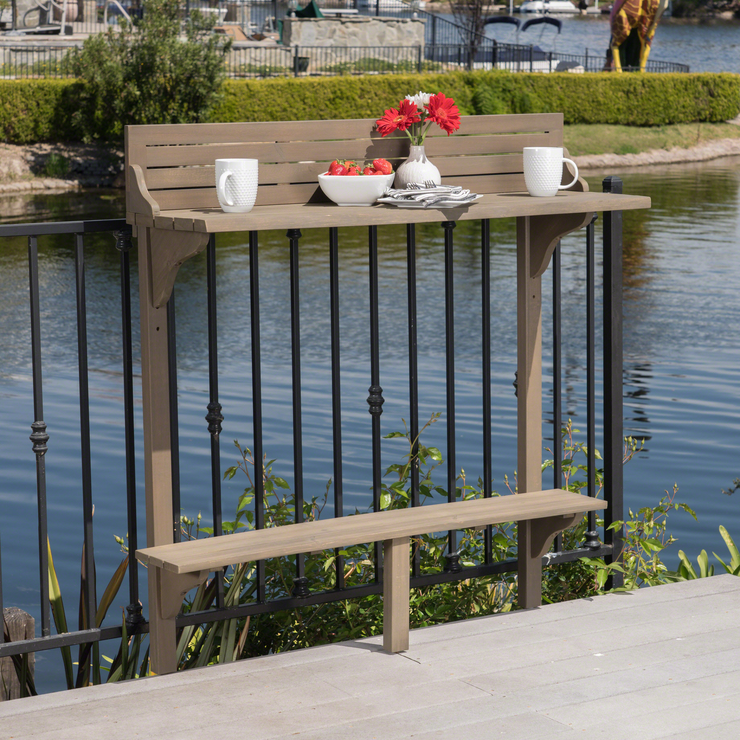 Table bar balcon bois acacia gris extérieur