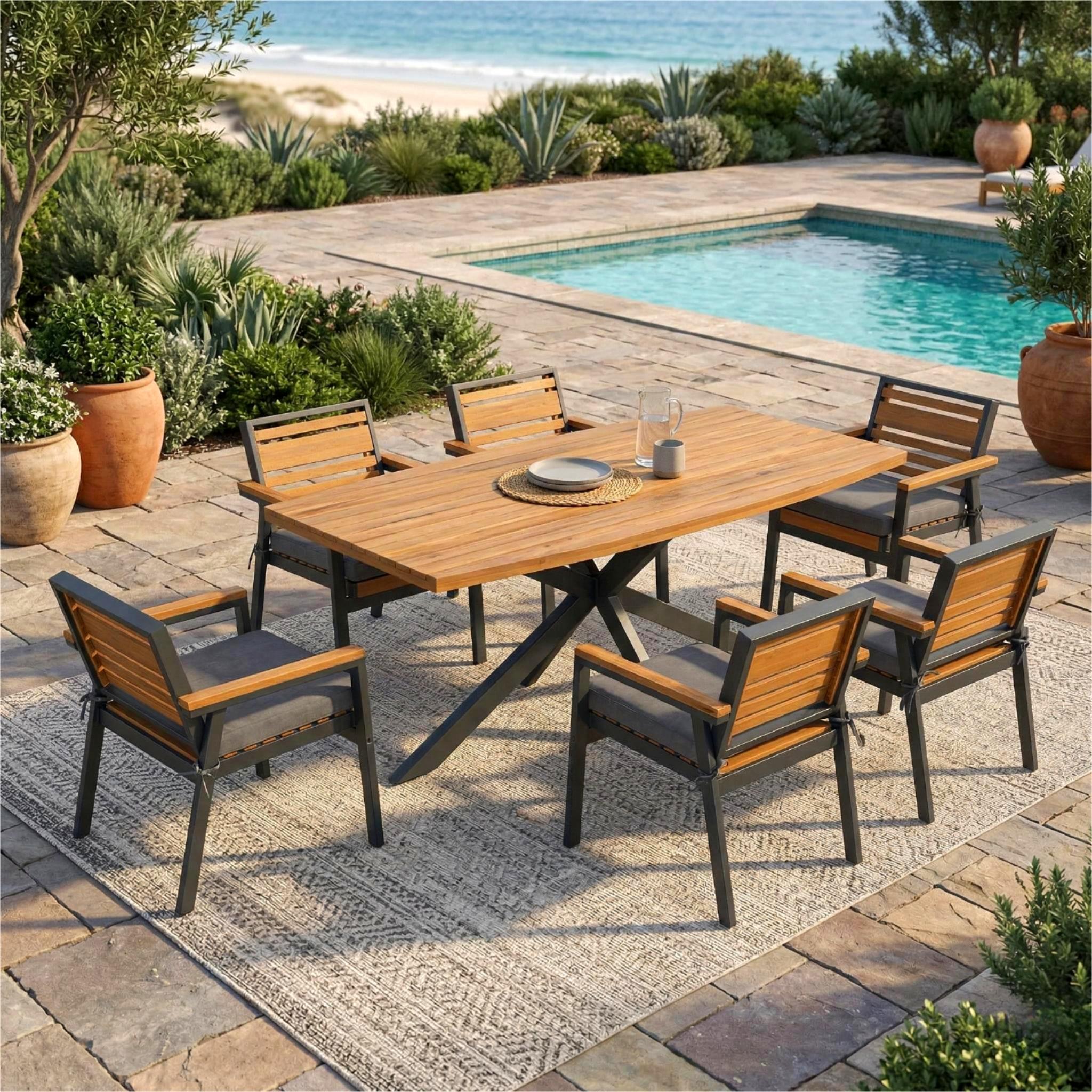 Ensemble 7 pièces acacia fer 6 chaises gris