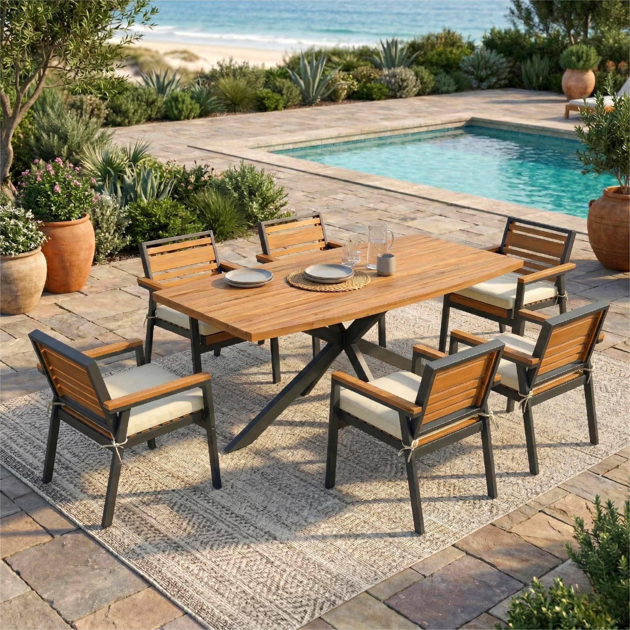 Ensemble Salle à Manger 7 Pièces Acacia Fer 6 Chaises Coussin Beige