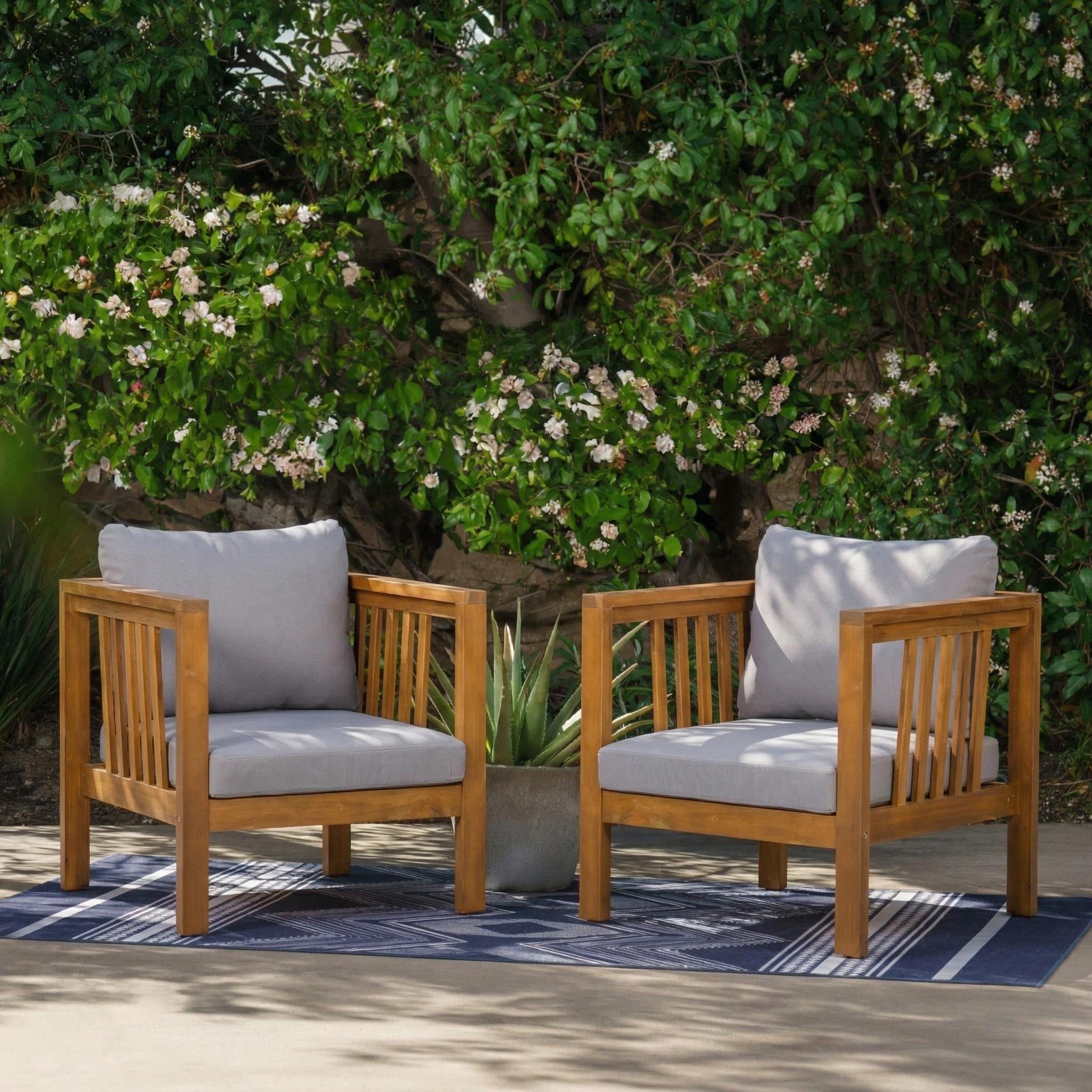 Chaises club acacia 2pc coussin épais gris avec pieds ajustables
