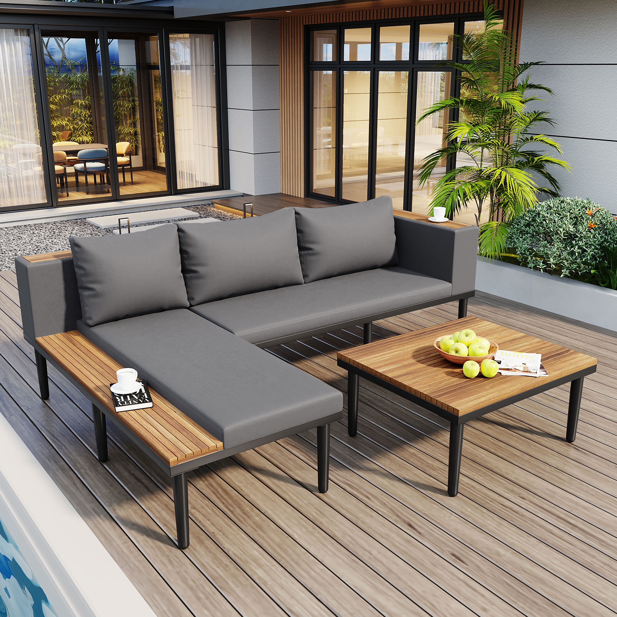 Ensemble patio luxe acacia gris sofa L table basse