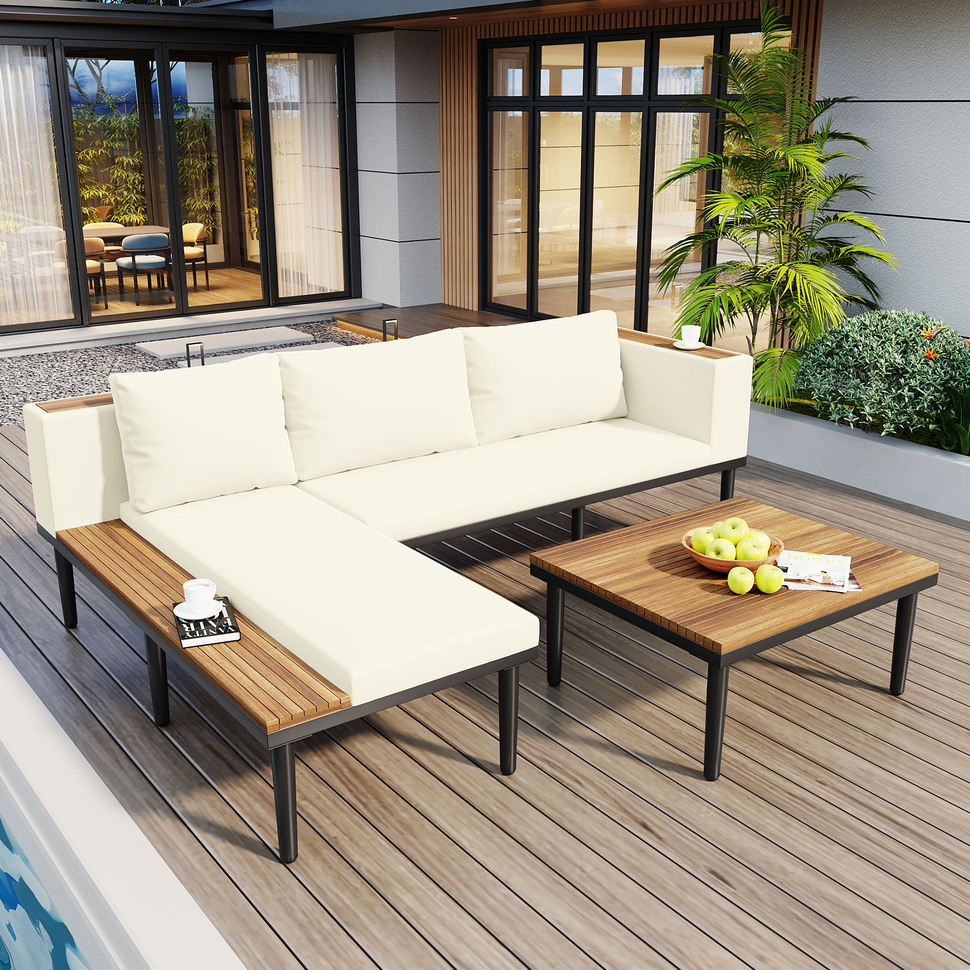 Ensemble meublés patio luxe bois acacia canapé L table basse beige