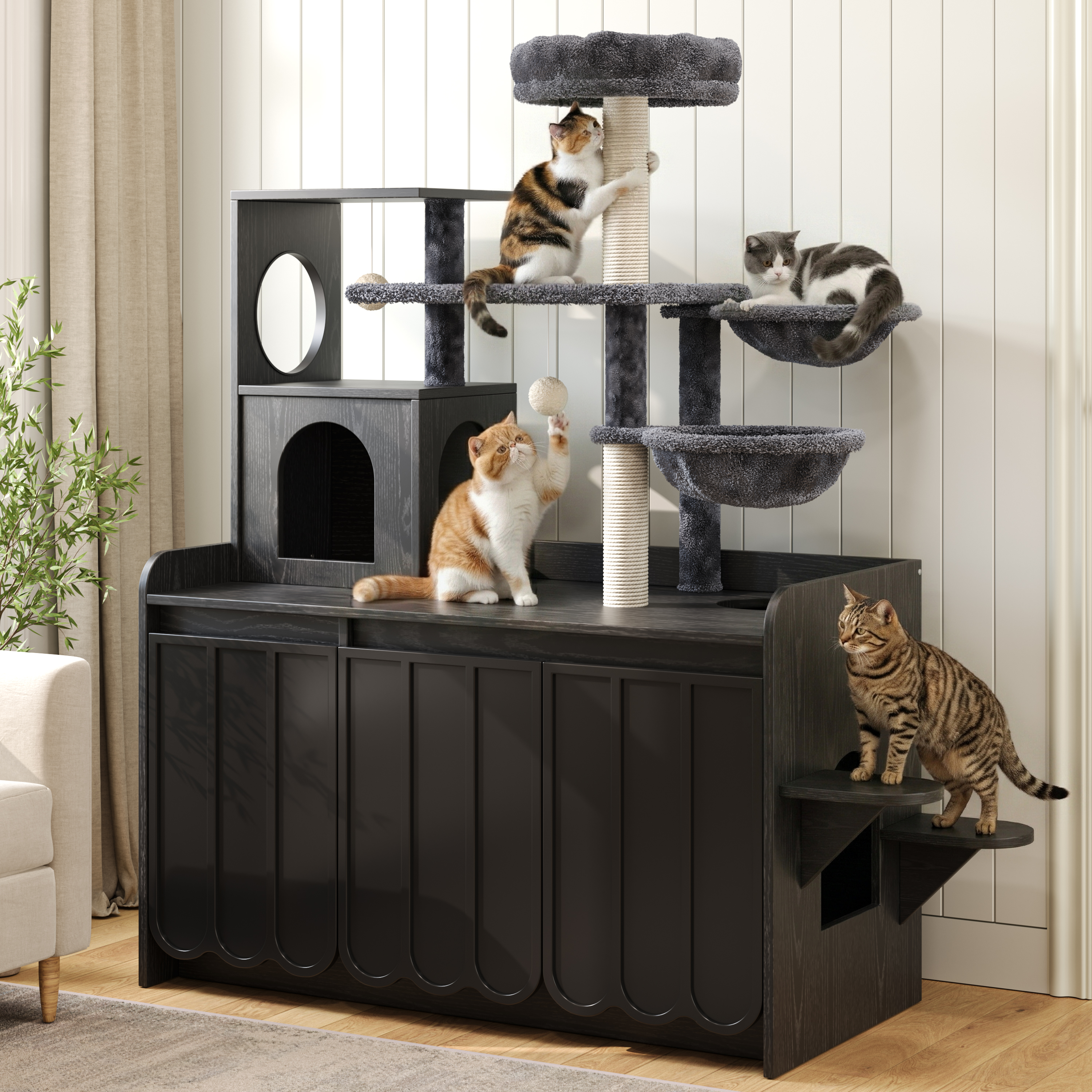 Arbre à chat 50.6" boîte litière cachée griffoir sisal noir