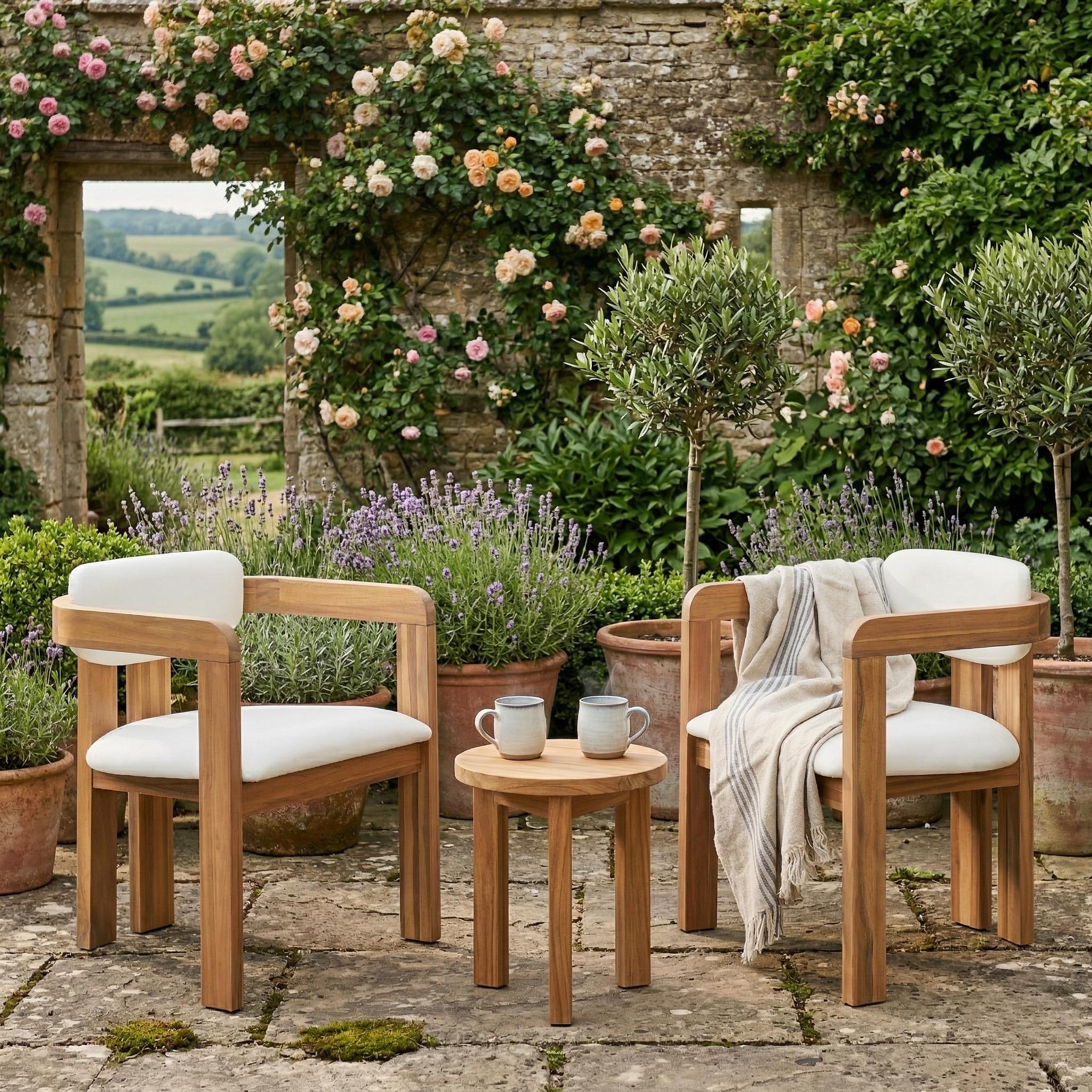 Ensemble 2 chaises salle à manger acacia bois coussins, beige résistant