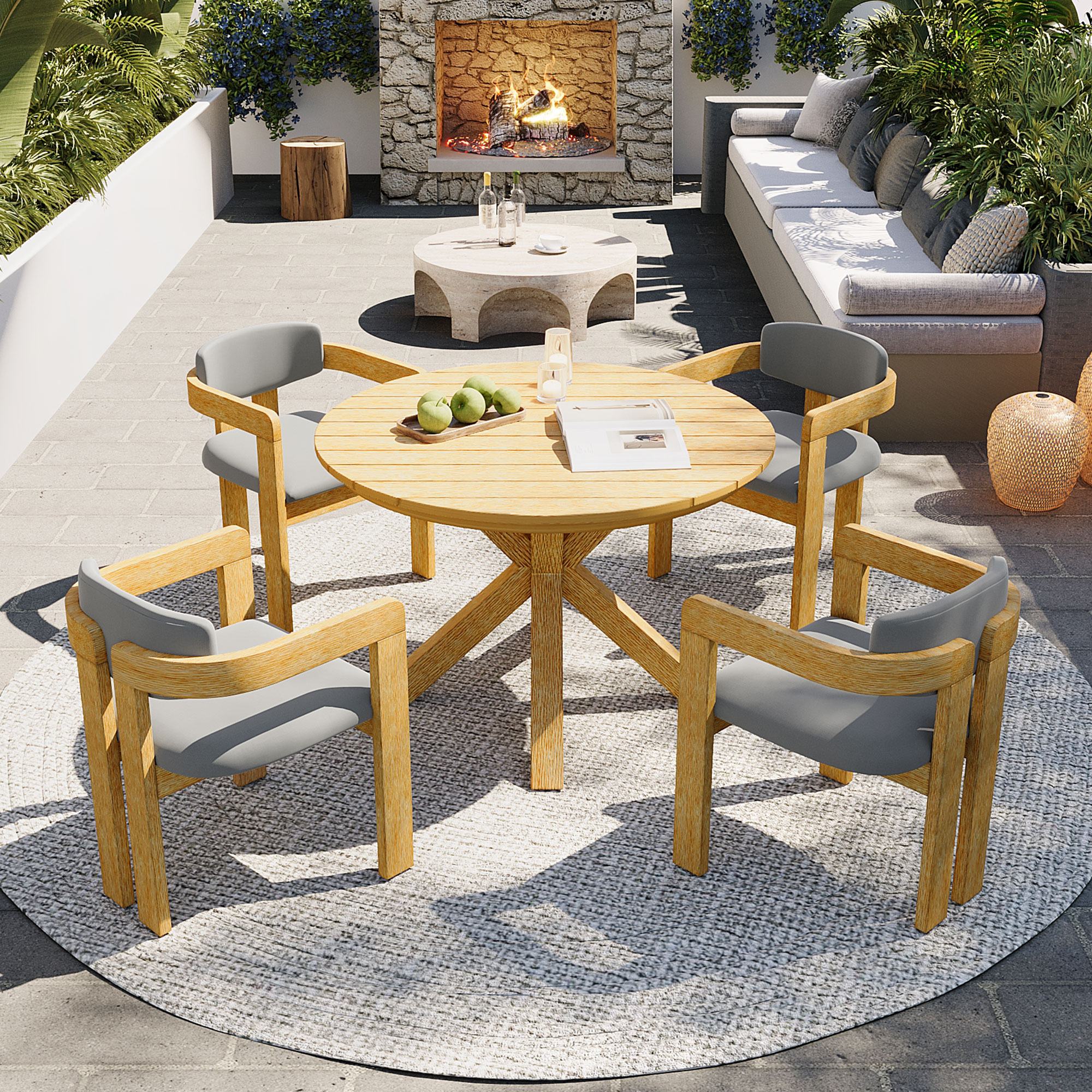 Ens. 5 pièces table ronde acacia, 4 chaises, gris