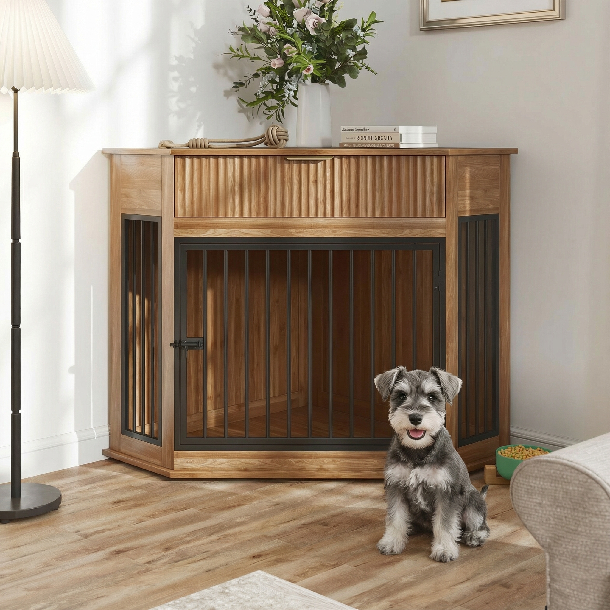 Niche chien 44,6po MDF décorativ, table bout, noyer