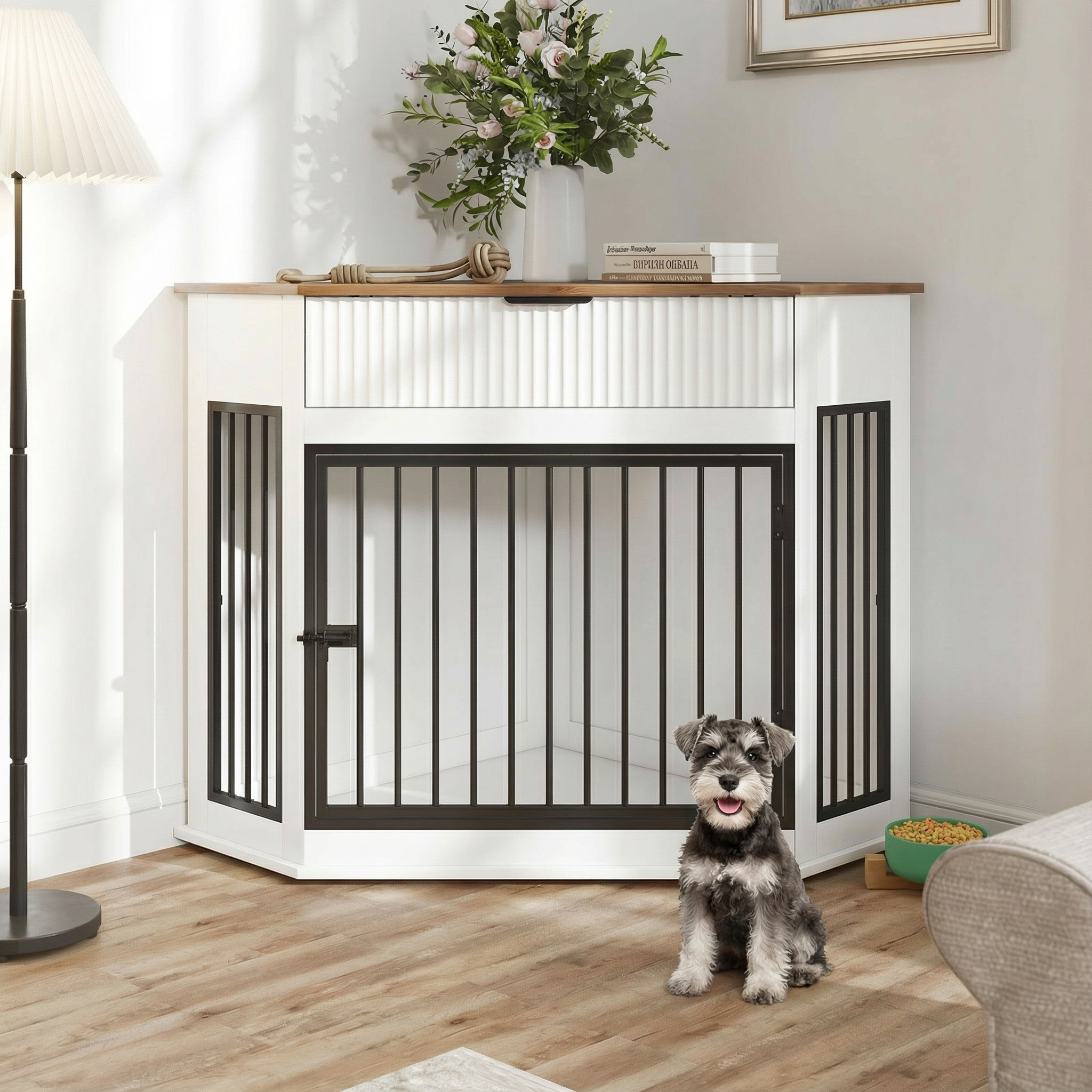 Cage chien coin 44,6po, table d'appoint blanche, rangement