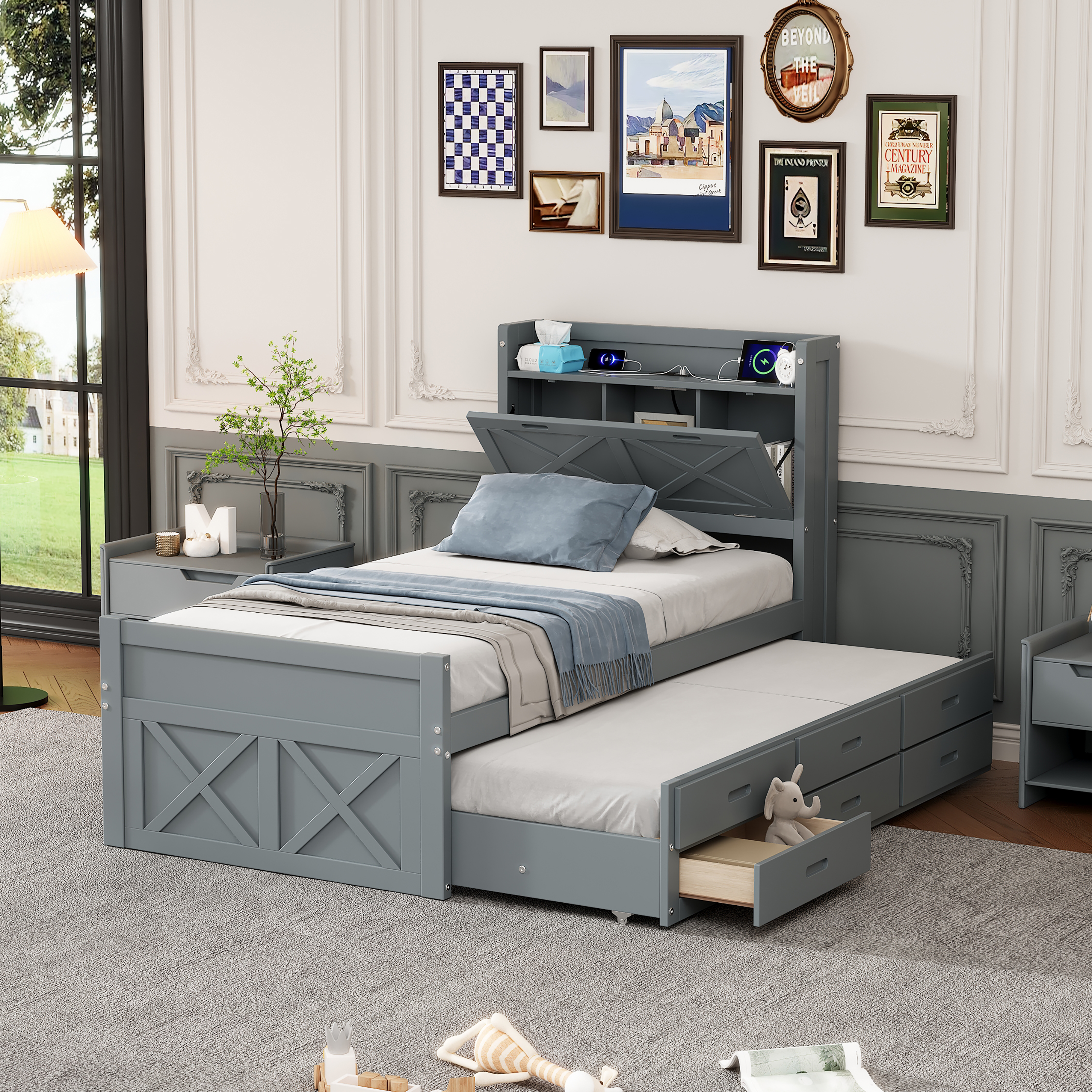 Lit twin bois tiroir trundle gris rangement