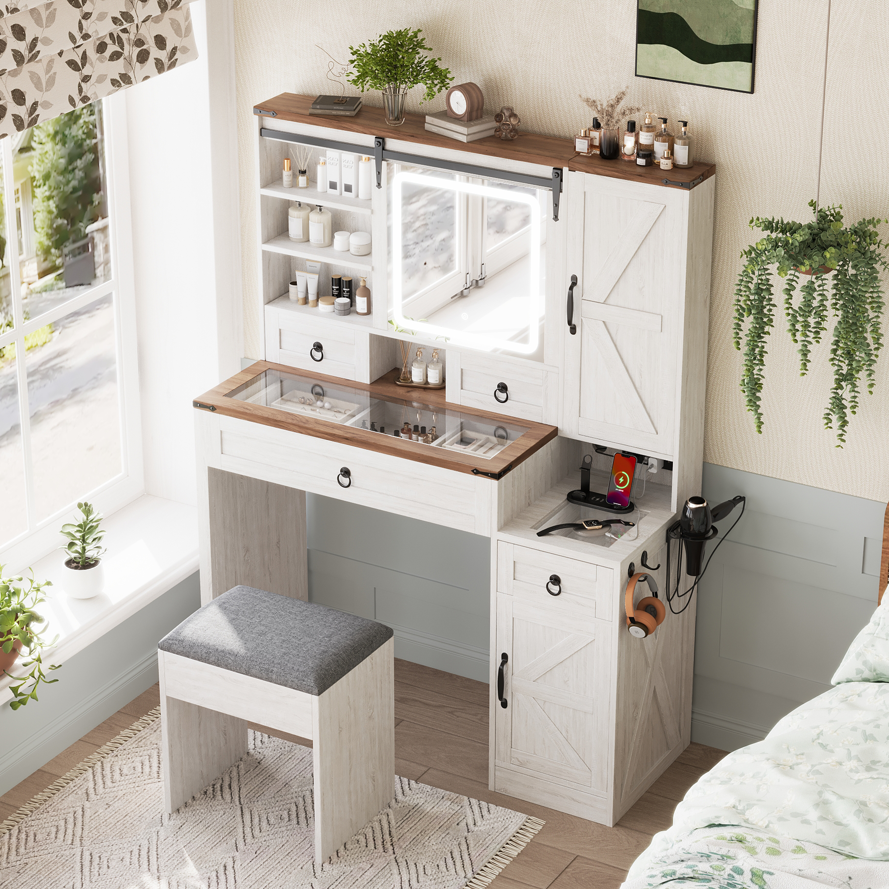 Coiffeuse ferme miroir coulissant lumières 4 tiroirs blanc