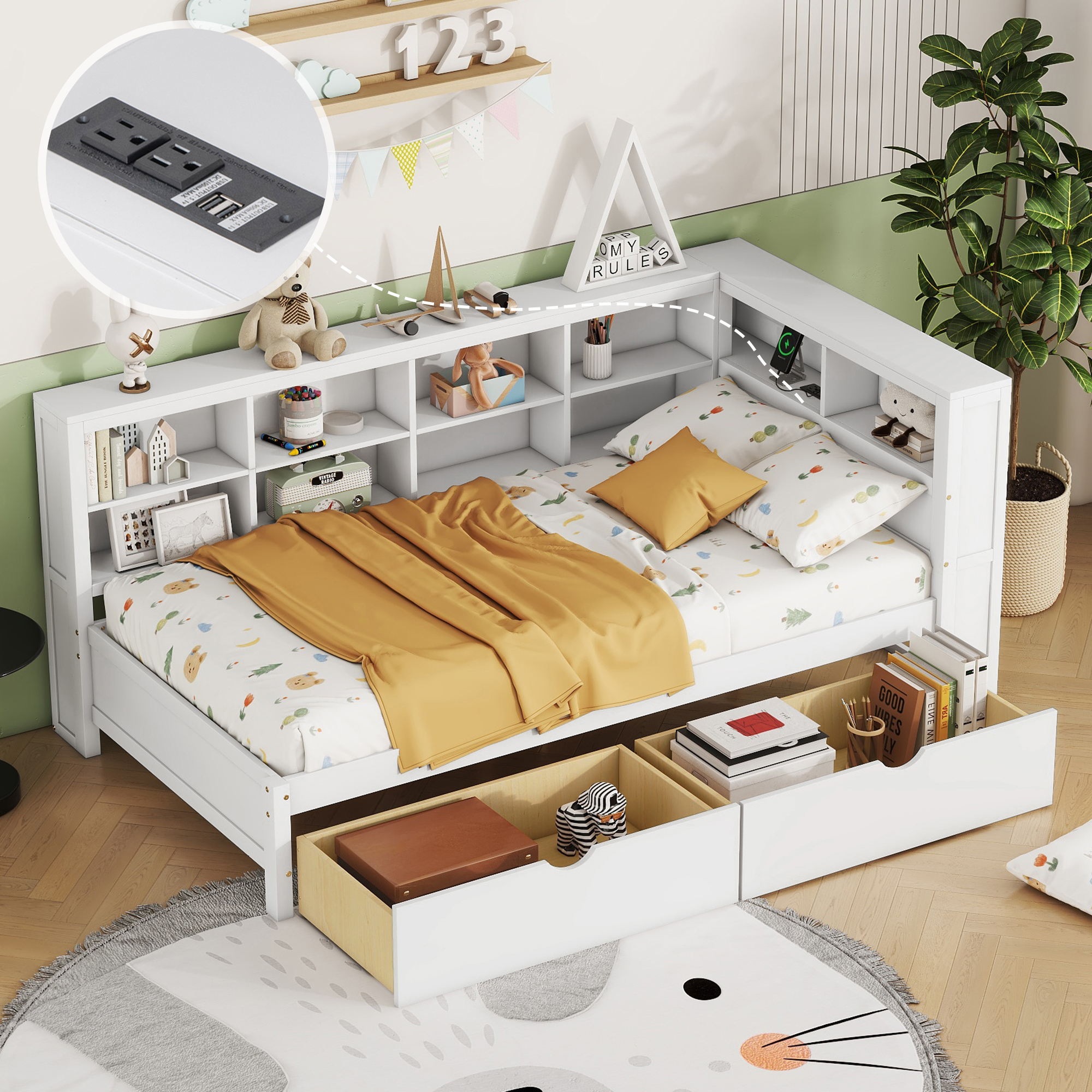 Lit double tiroirs USB blanc