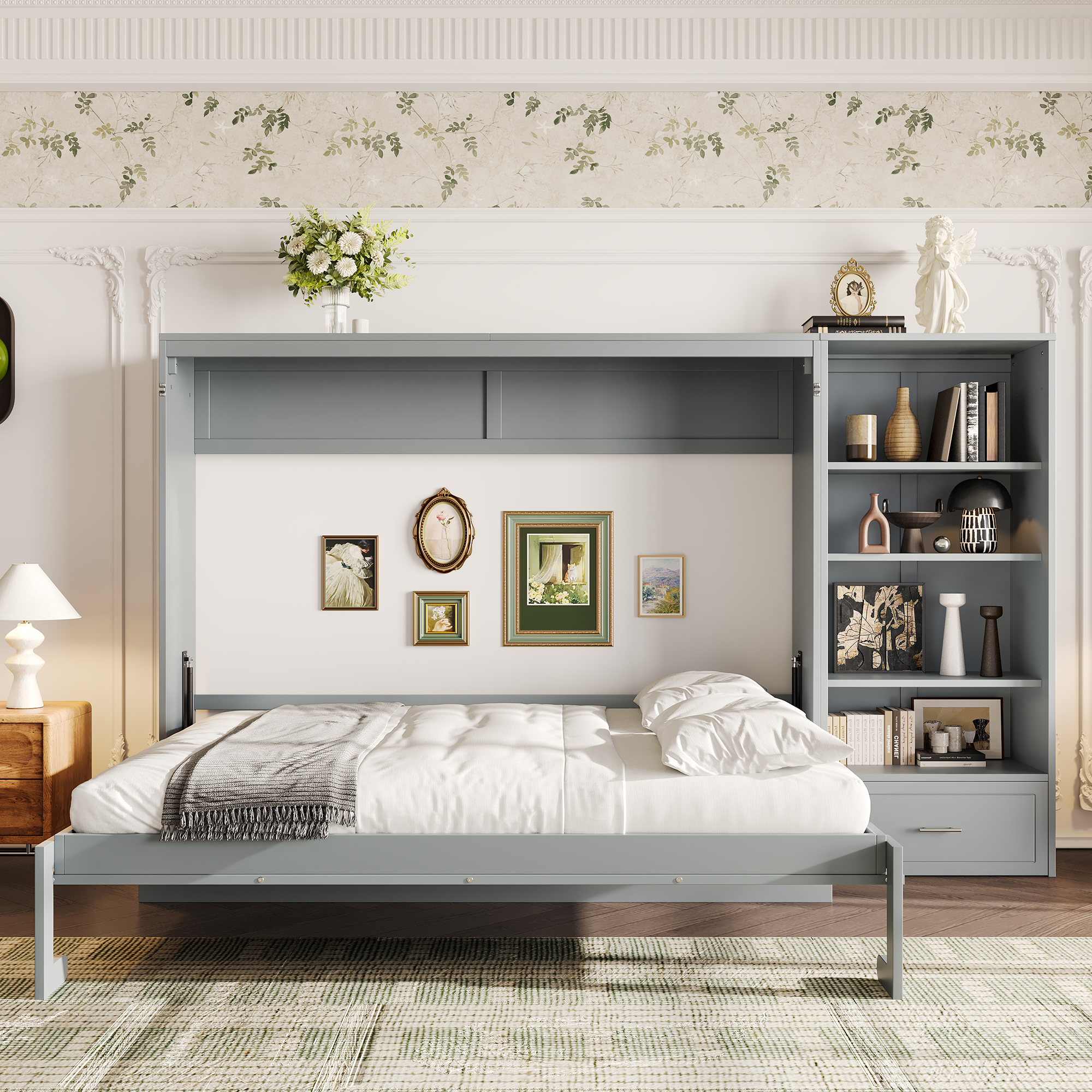 Lit Murphy grand lit avec rangements hauteur ajustable et tablette, gris