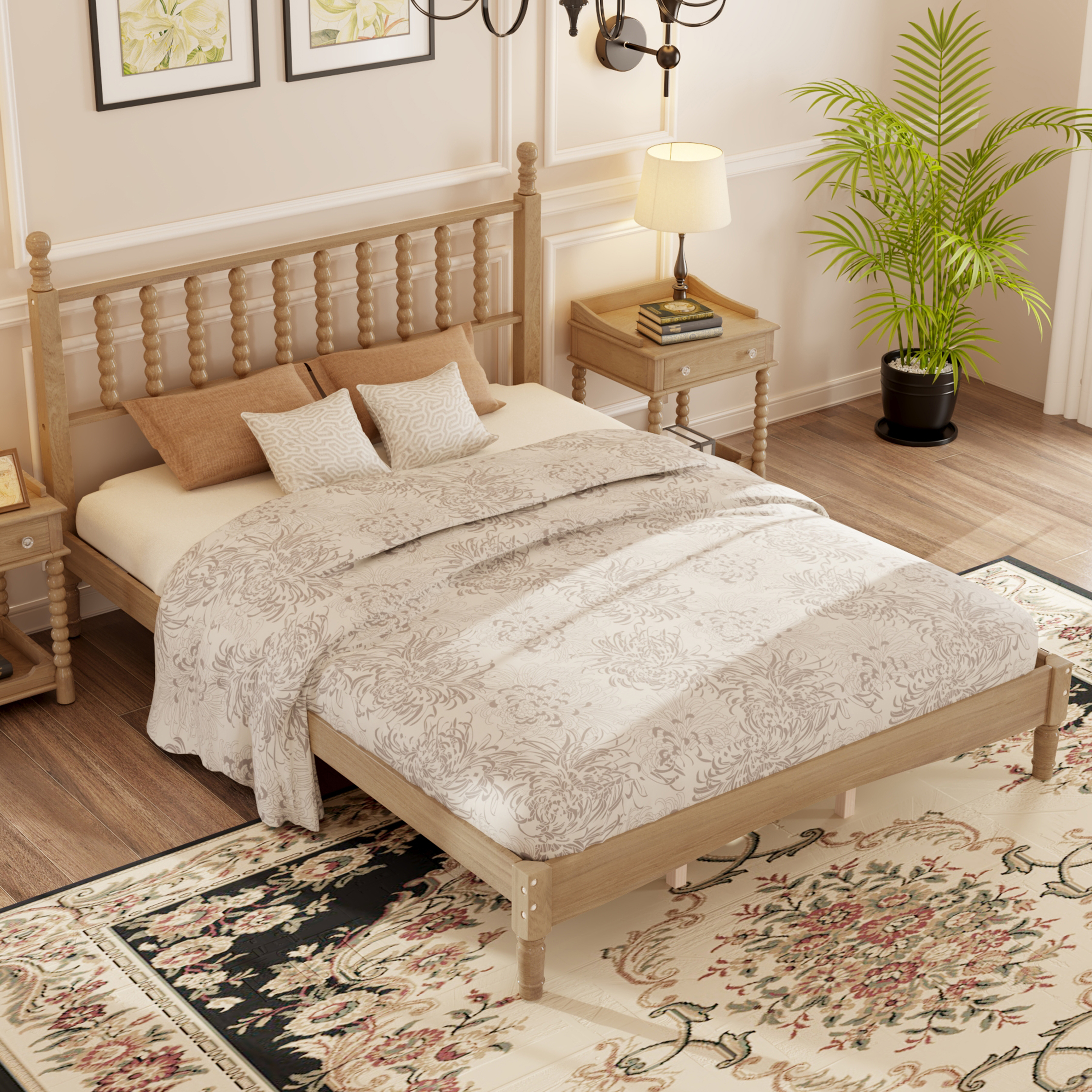 Lit Plateforme Queen Bois Tête Forme Calebasse Slats Bois Naturel