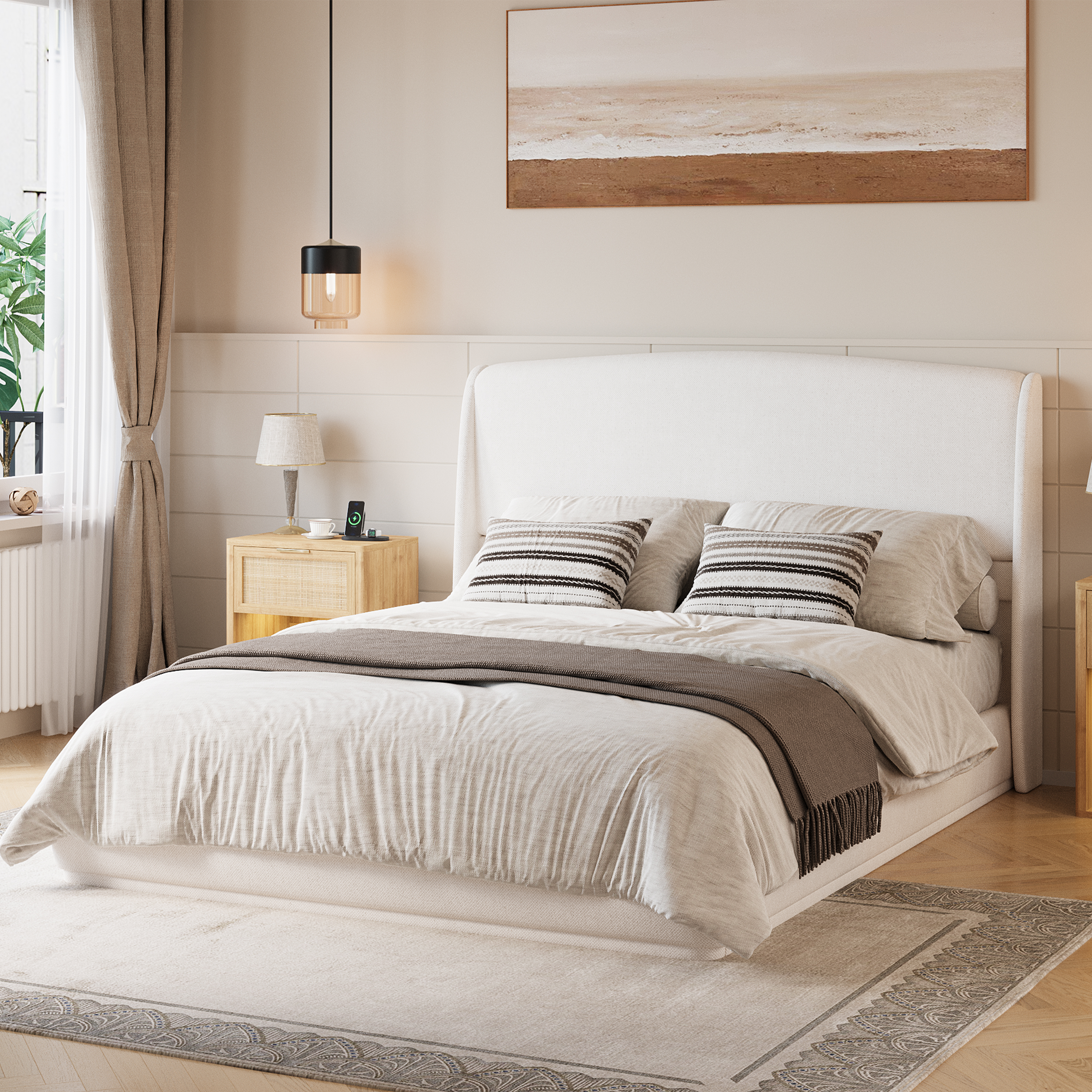Lit queen tissu lin beige, tête lit rembourrée ailes