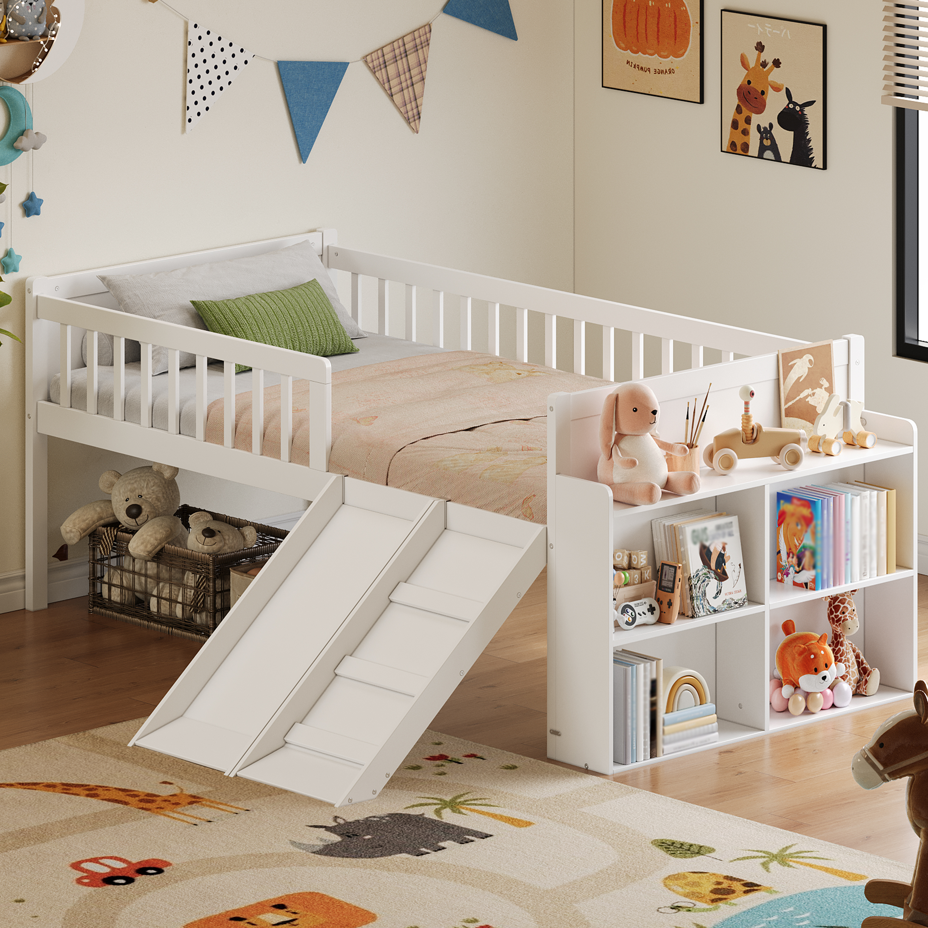 Lit jumeau rangement glissière échelle garde blanc