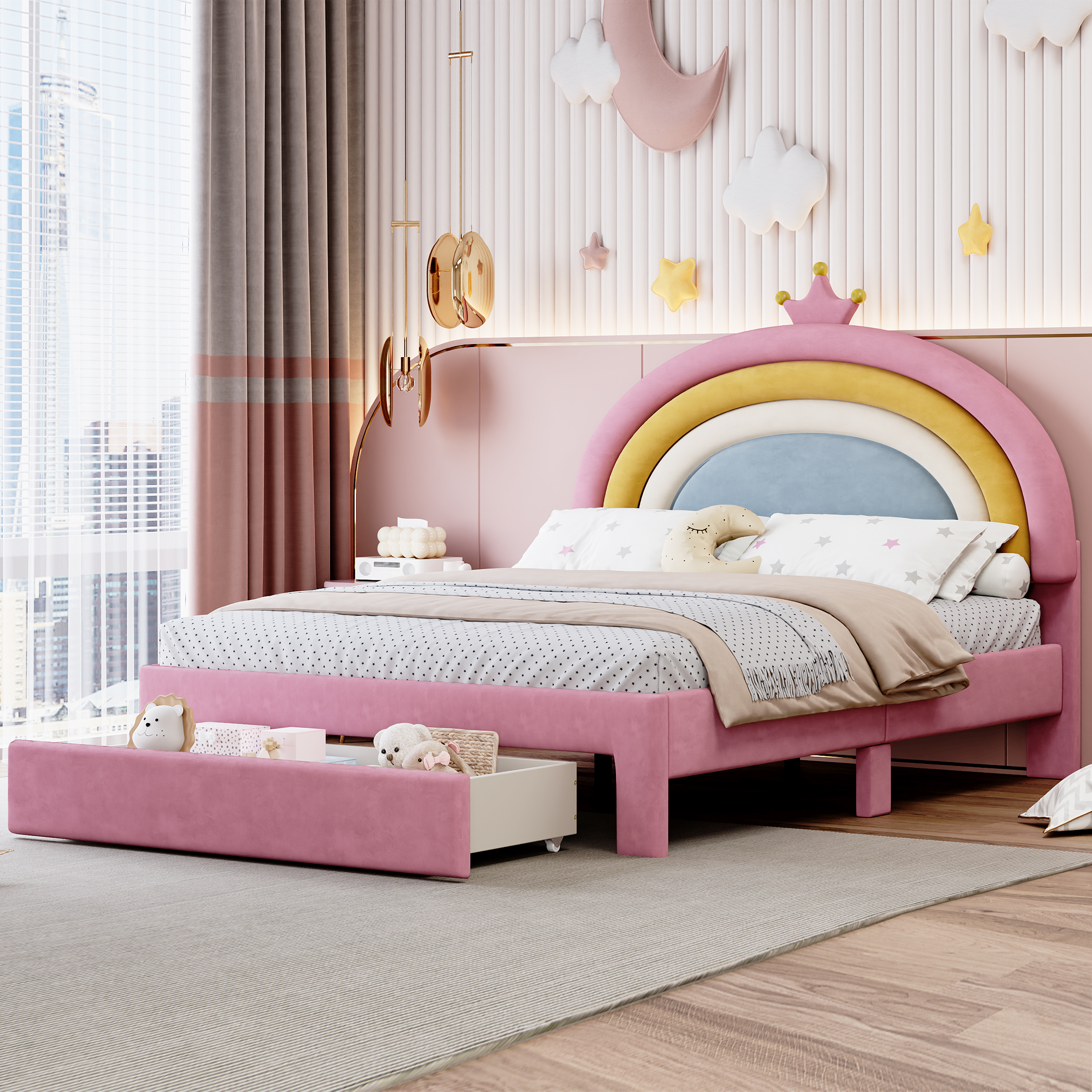 Lit arc-en-ciel velours, tiroir rangement, grand lit