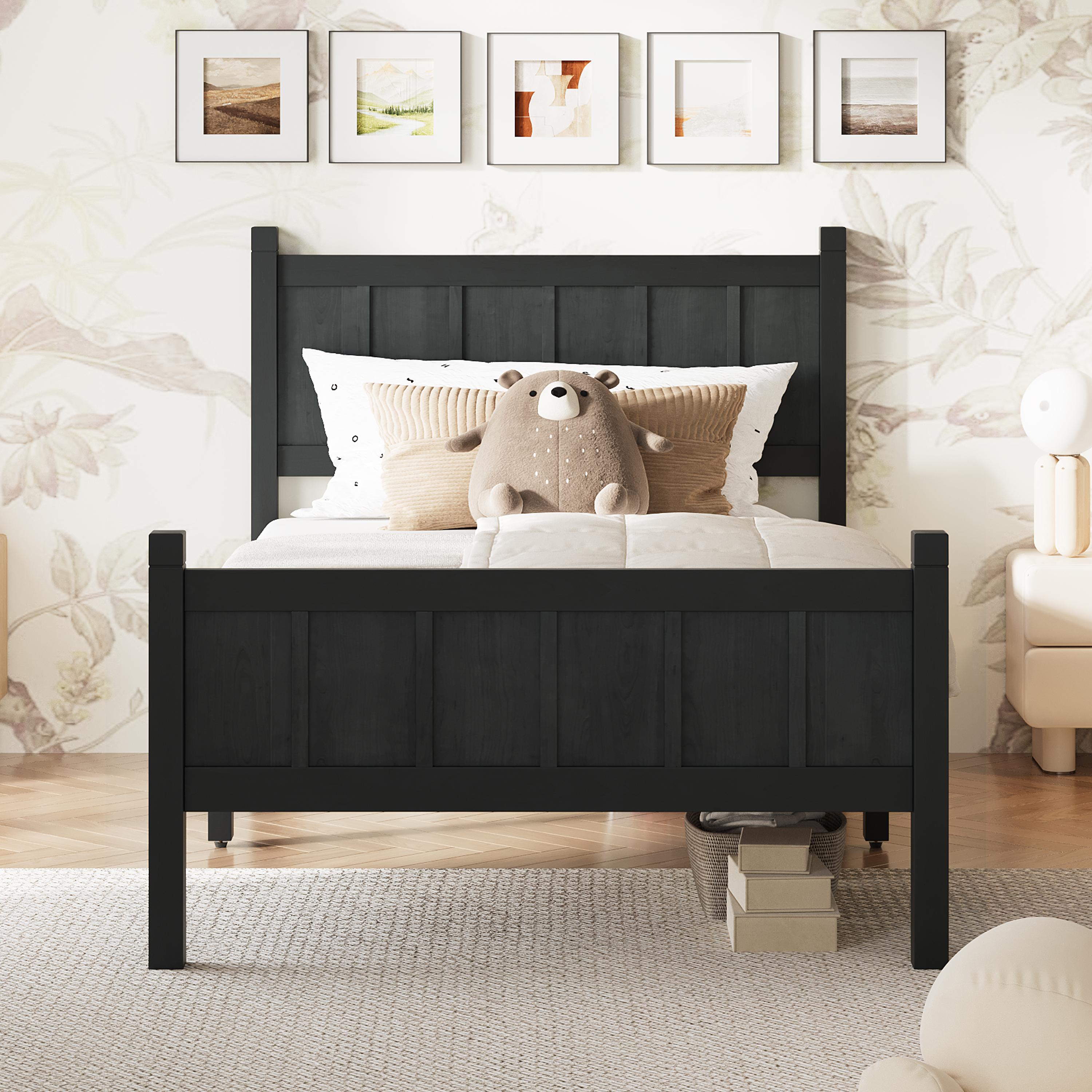 Lit simple panneaux finition bois grise style ferme minimaliste