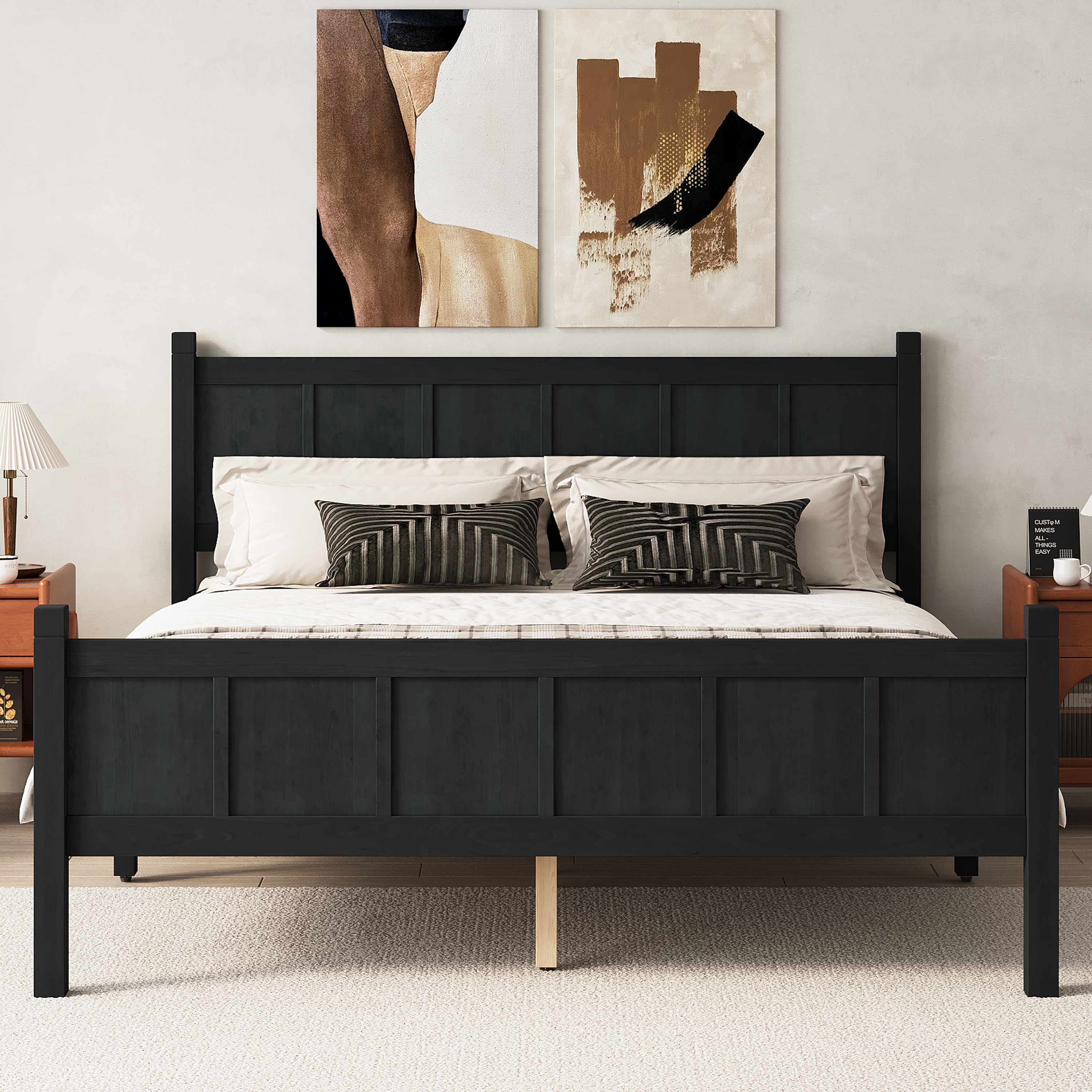 Lit queen panneaux bois design fermier noir