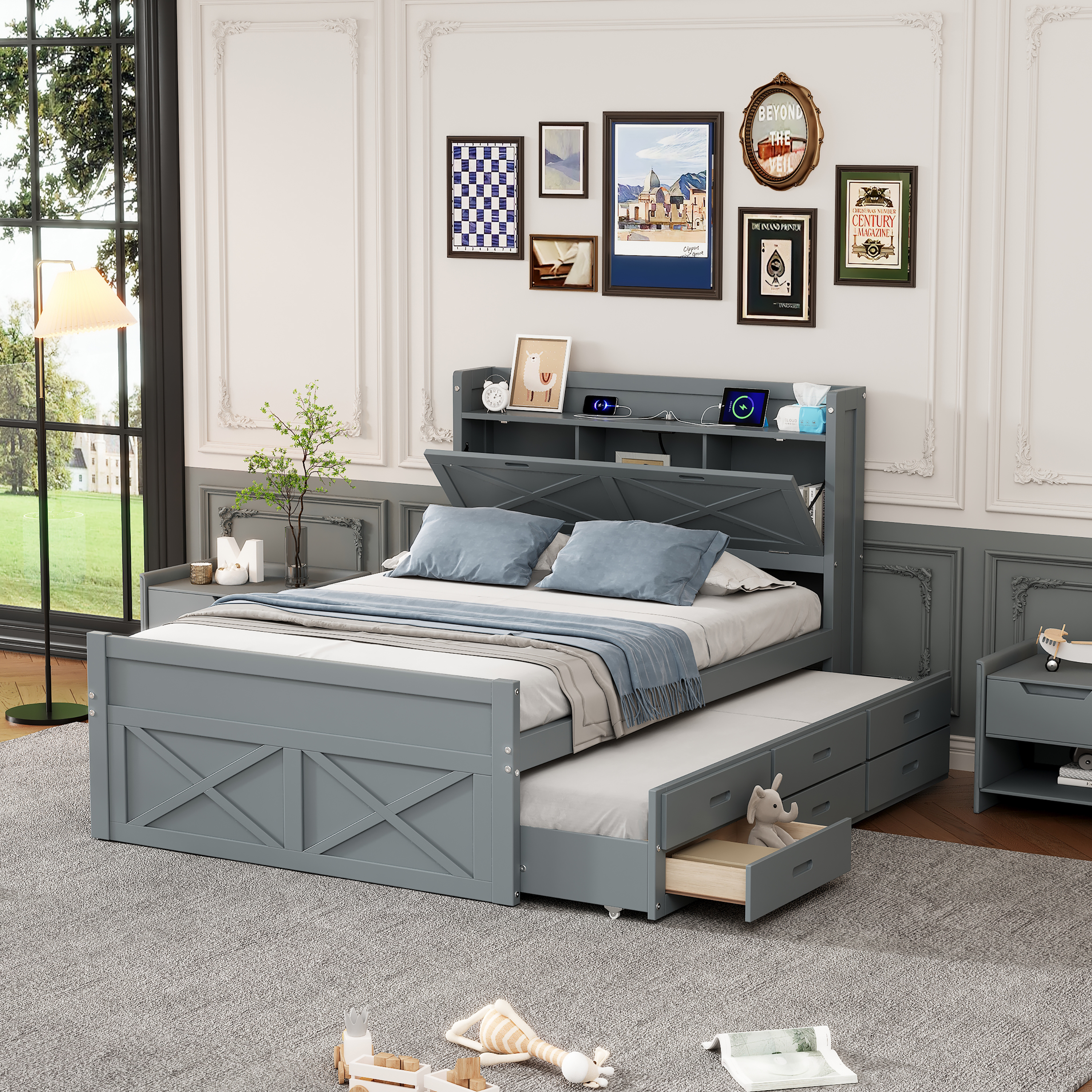 Lit grand format avec rangement tête lit, base twin tiroirs gris