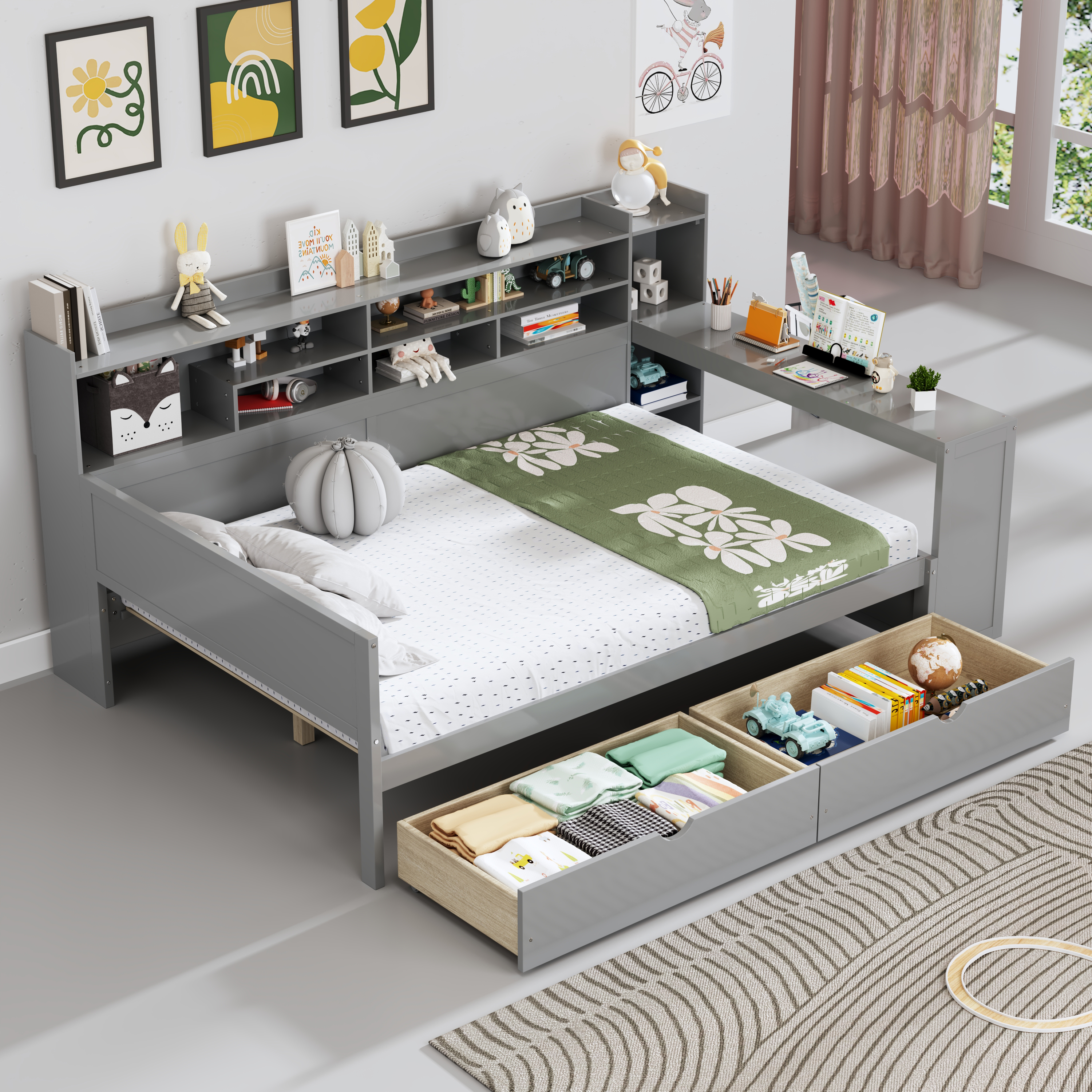Lit double futon bois avec rangements et bureau intégré, gris