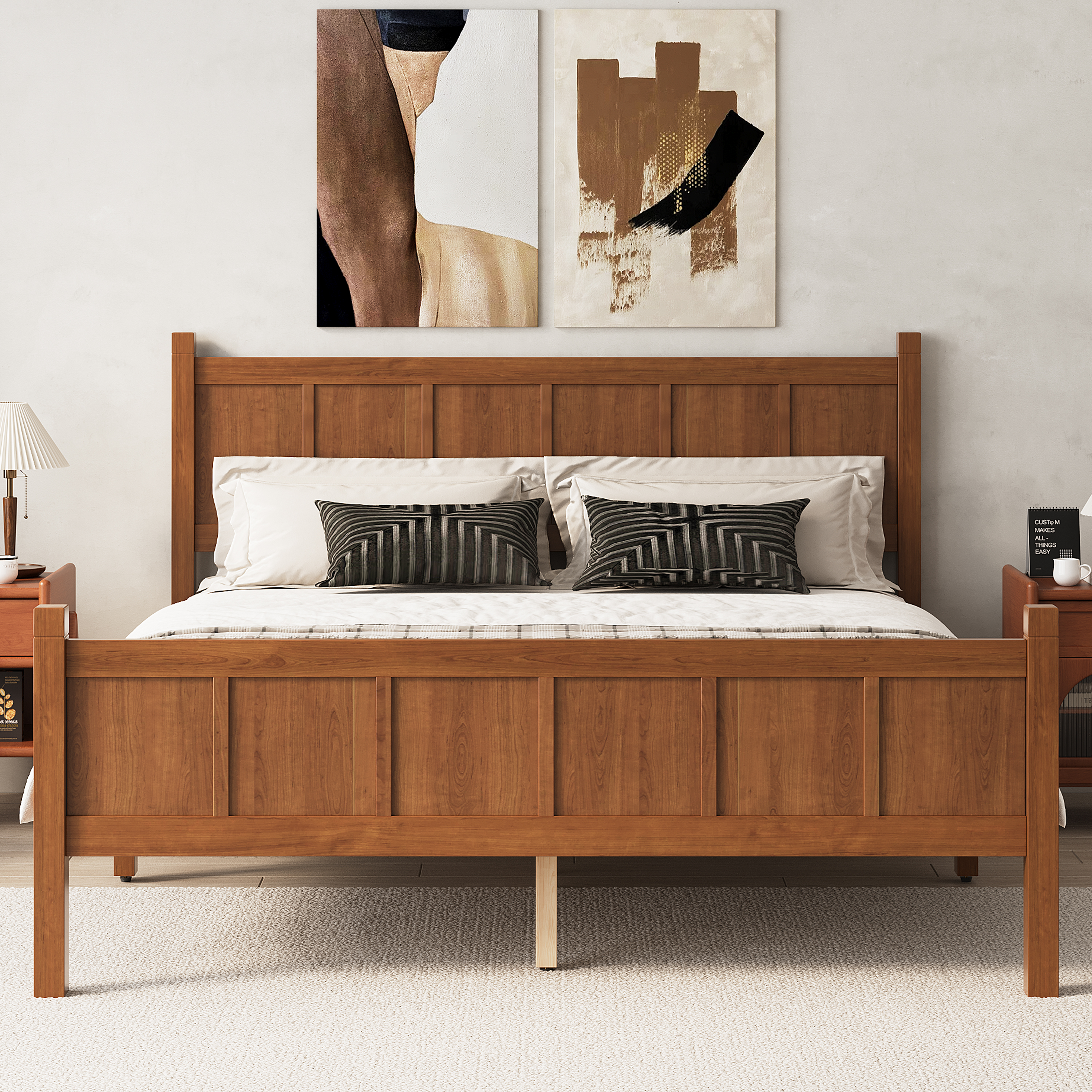 Lit plateforme queen bois clair, dosseret pied, style ferme épuré