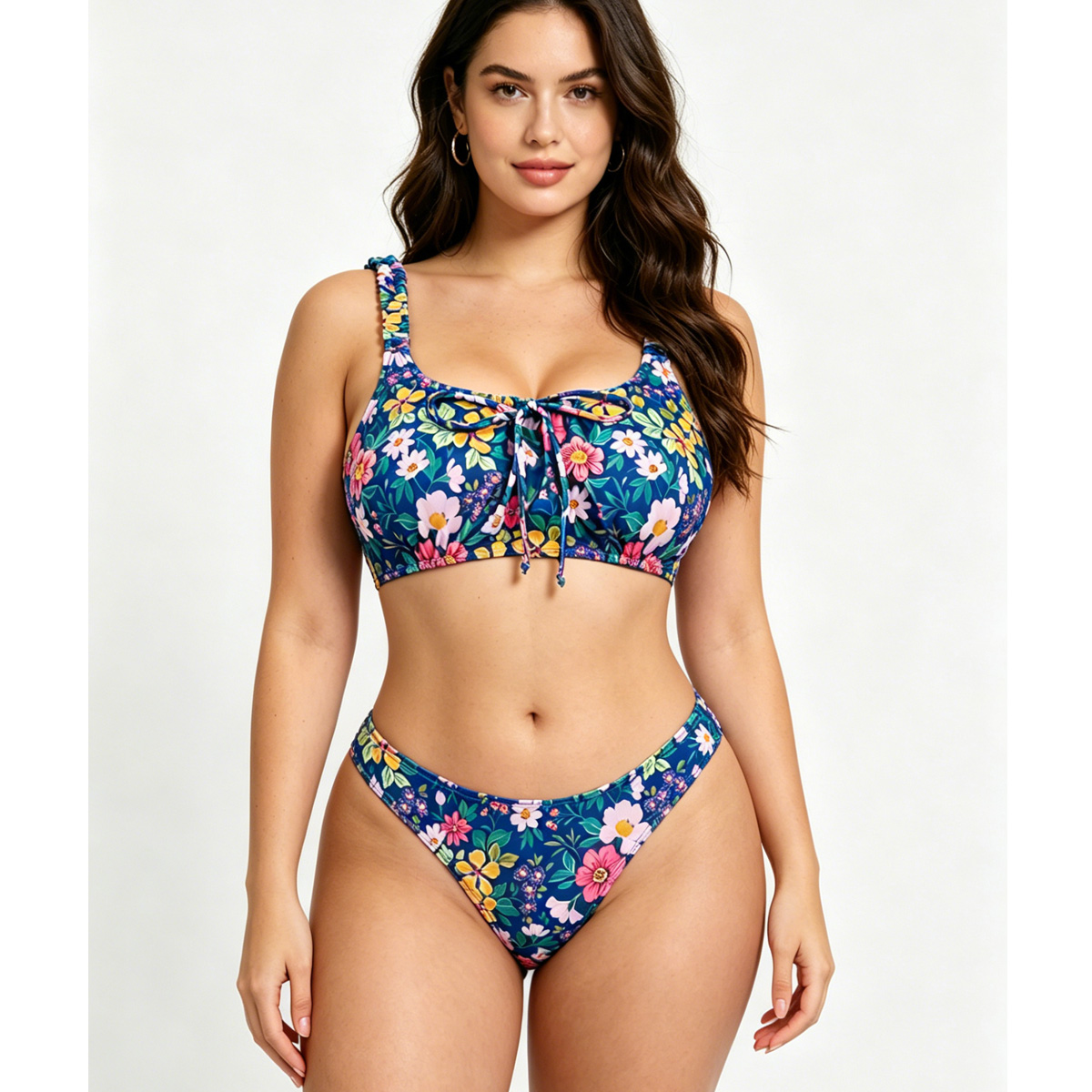 Bikini 2 pièces floral bralette, haut à nœud & bas cheeky
