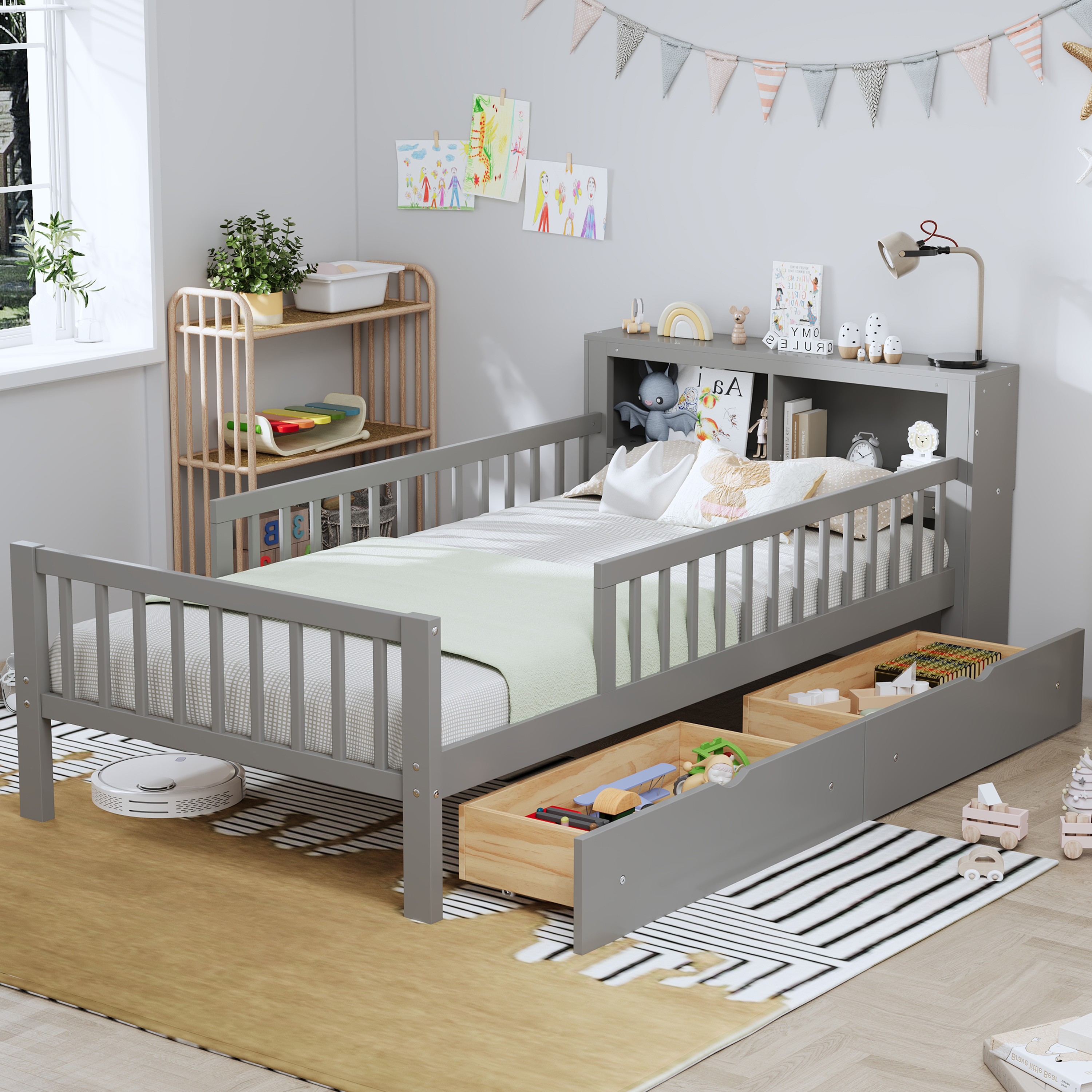 Lit jumeau tête de lit rangement, 2 tiroirs, garde-fou gris