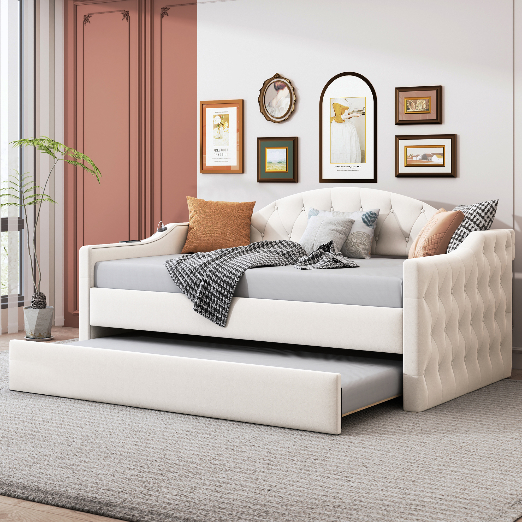 Lit escamotable Twin velours ports USB, beige, HL000088AAA