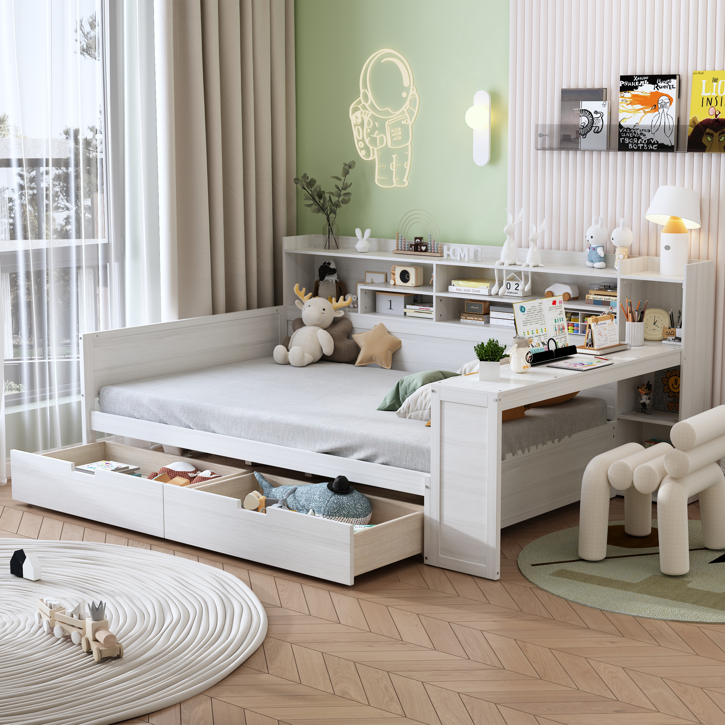 Lit simple avec rangement, bureau intégré, blanc