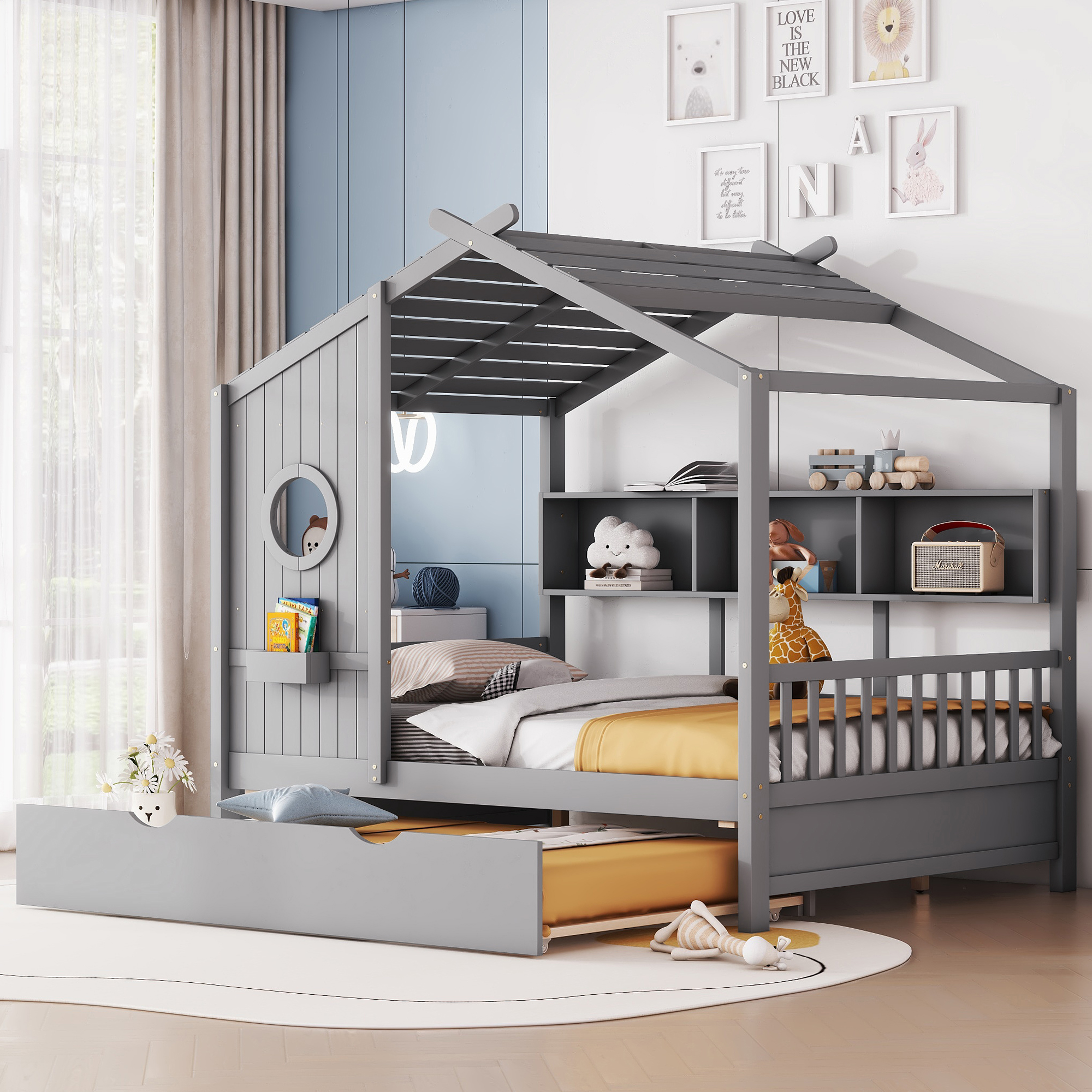 Lit maison lit complet avec tiroir, gris, rangement enfant