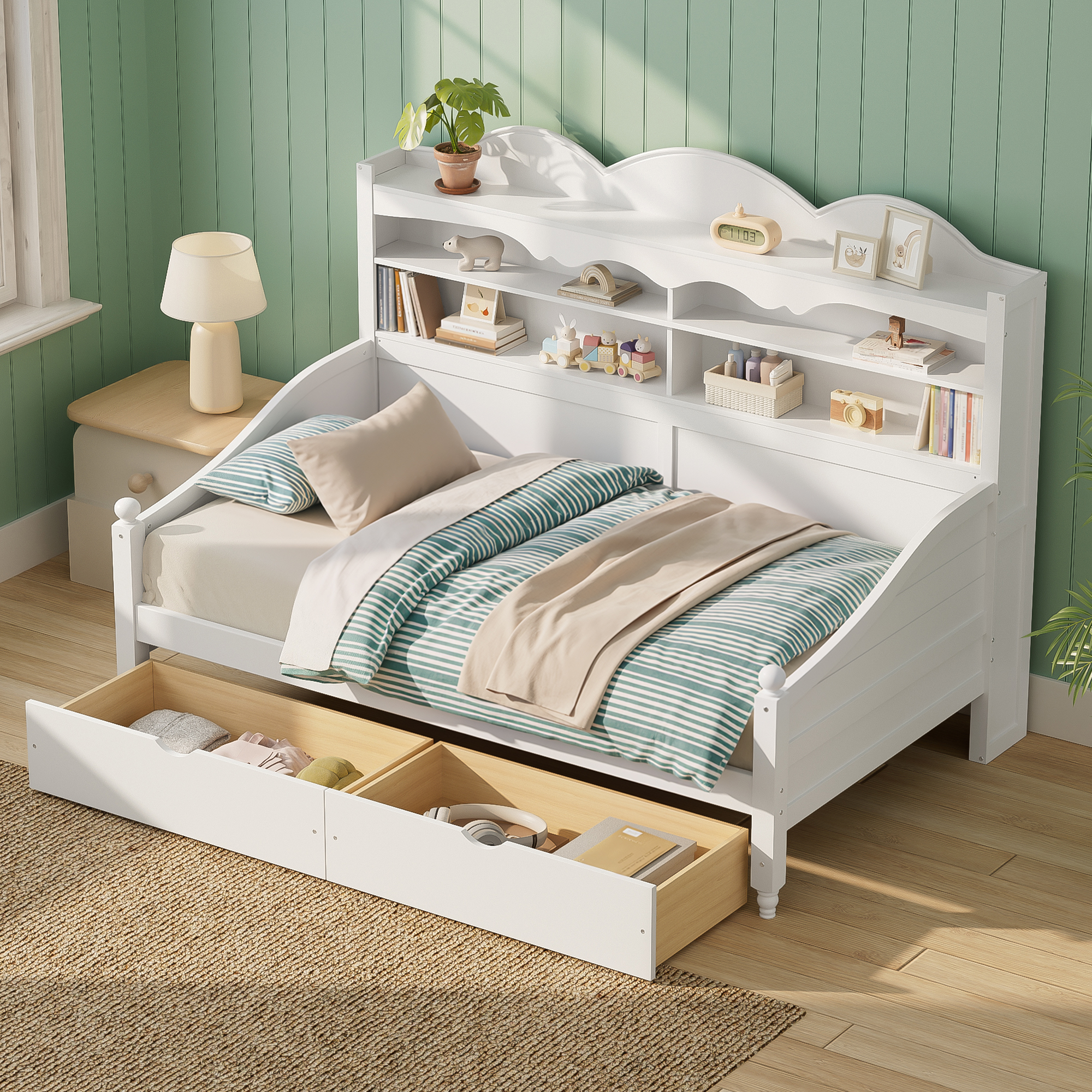 Lit de jour twin rangement, style rétro, blanc