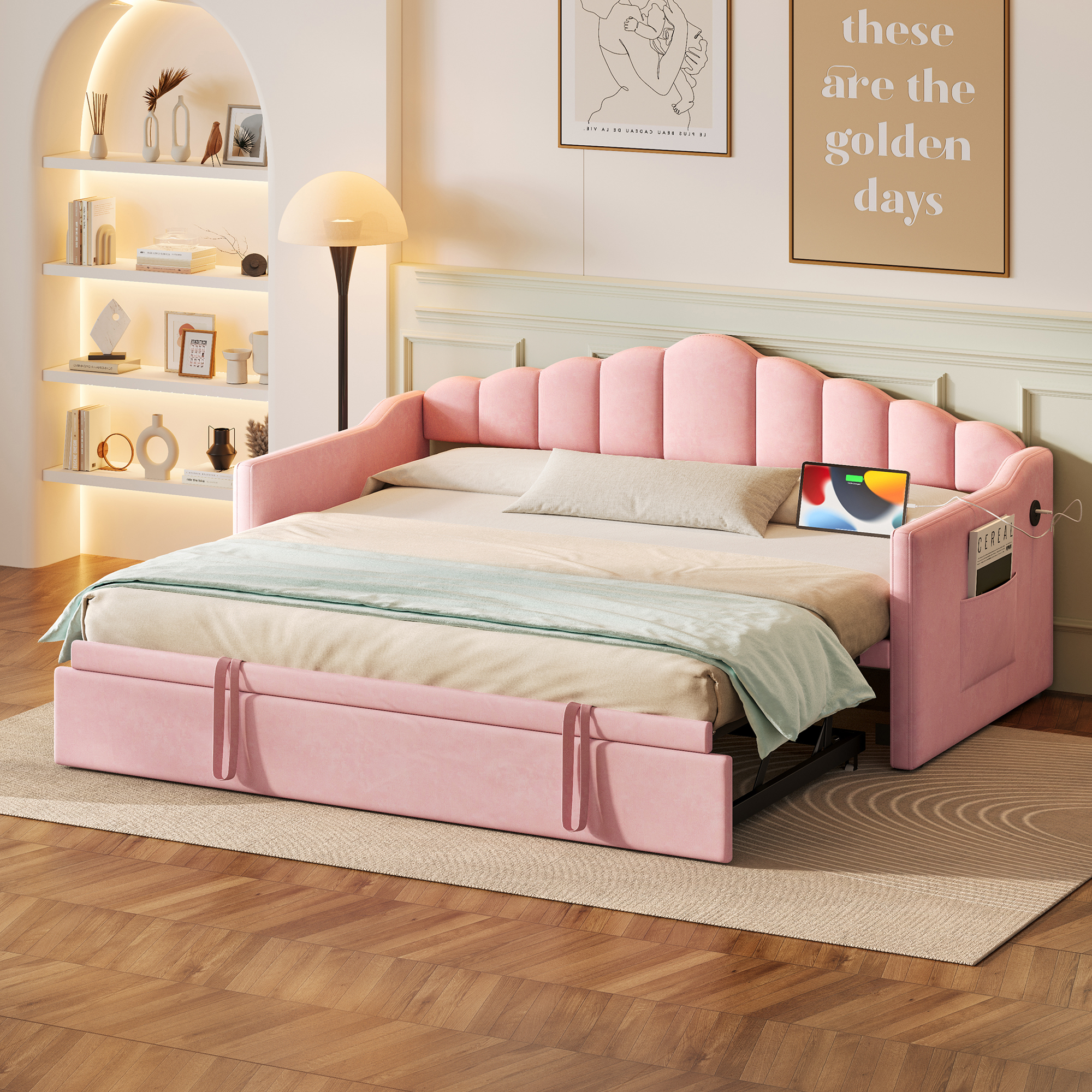 Lit gigogne double rose avec port USB, hauteur ajustable
