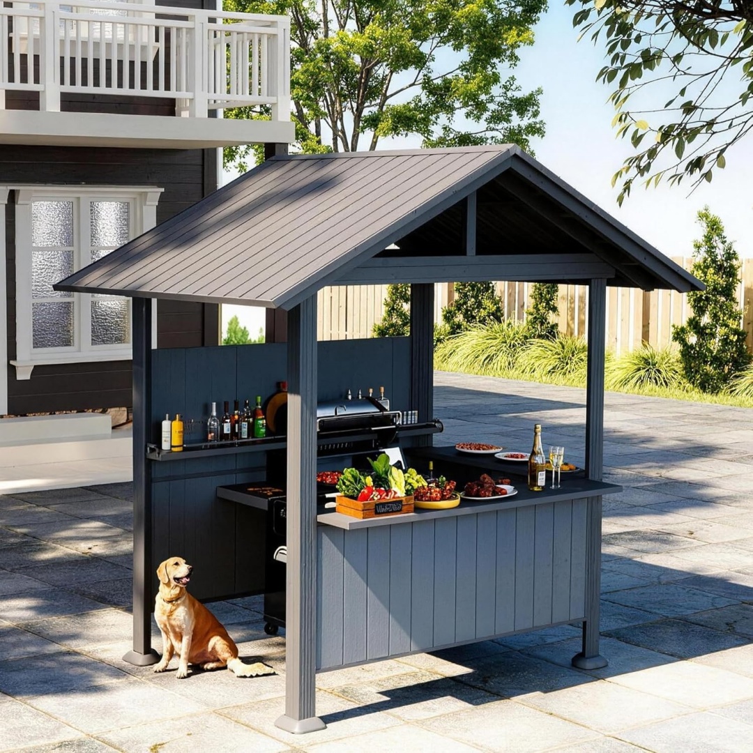 Gazébo BBQ toit dur 9.4x6.2pi, rayons résine, acier galvanisé gris