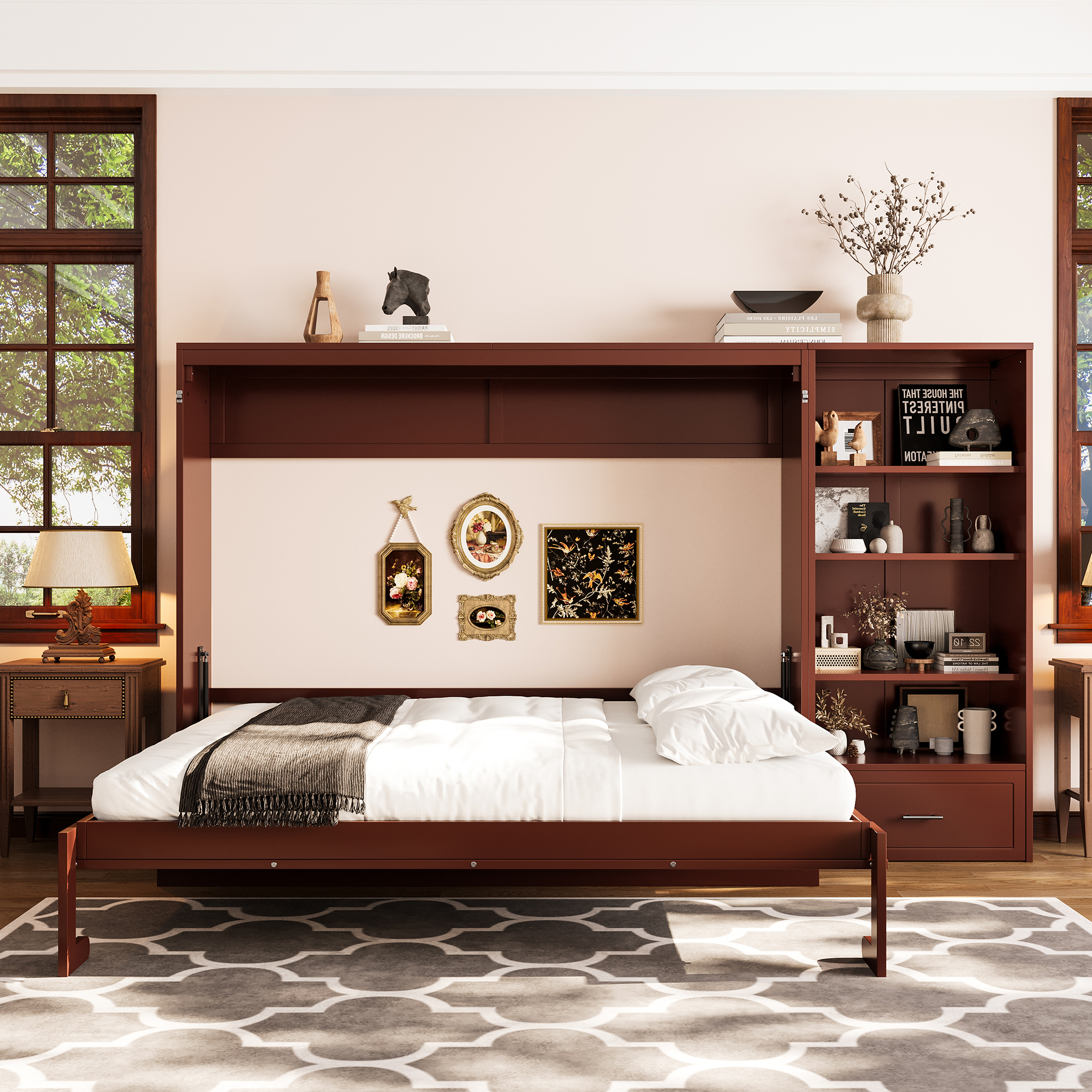 Lit Murphy Queen N733S309223D, rangement ajustable, noyer